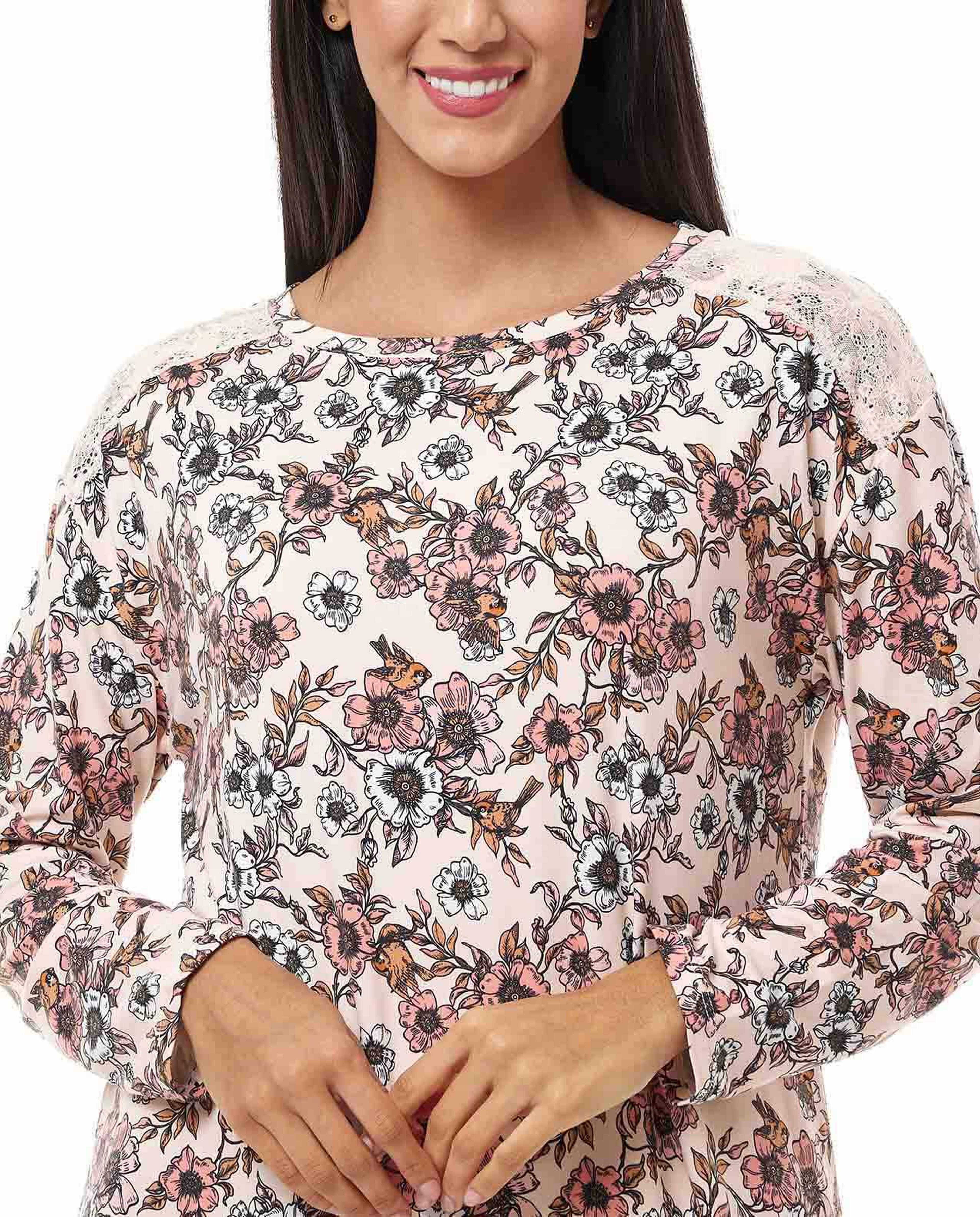 Floral Print Nightgown with Long Sleeves