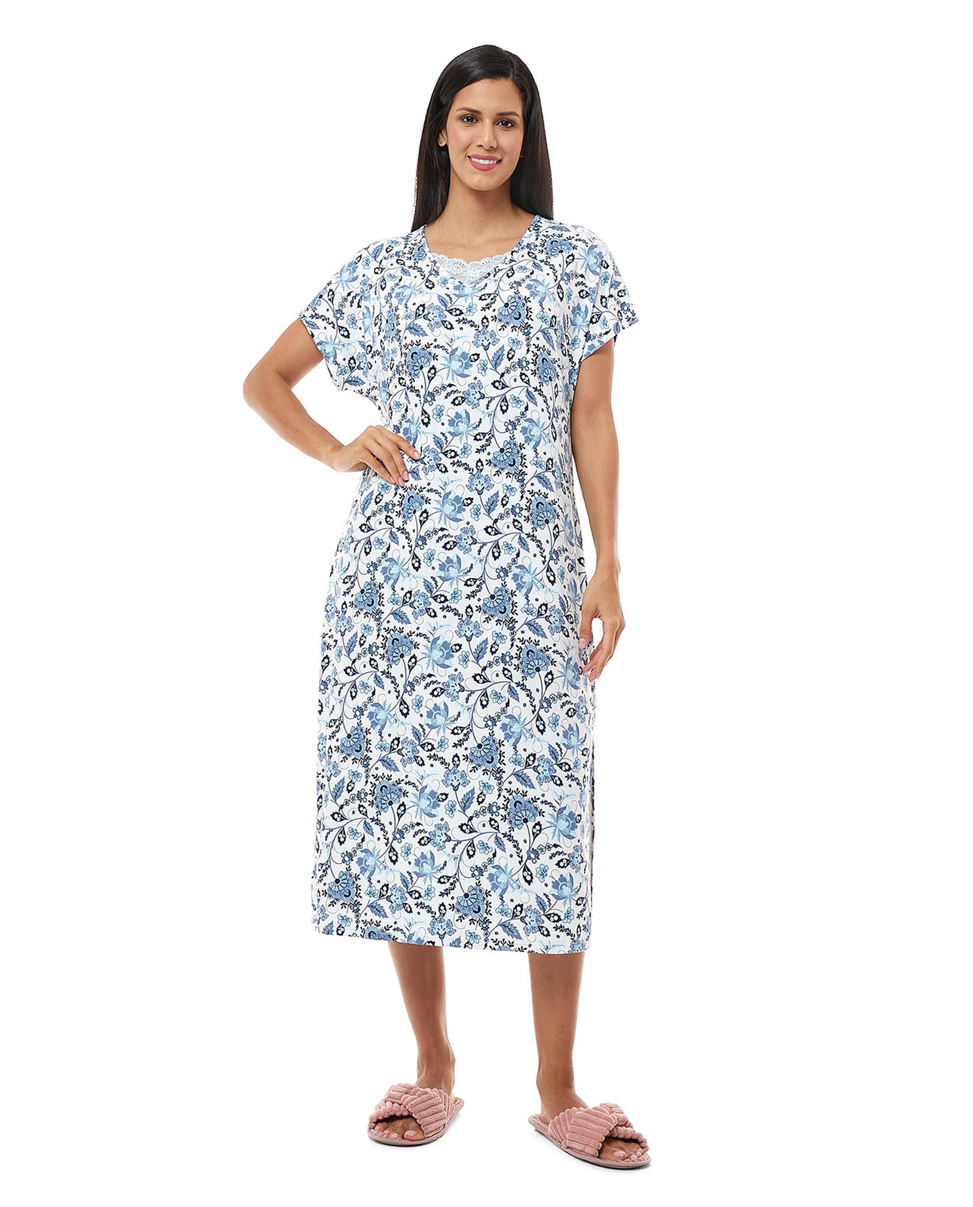 Floral Print Nightgown with Short Sleeves