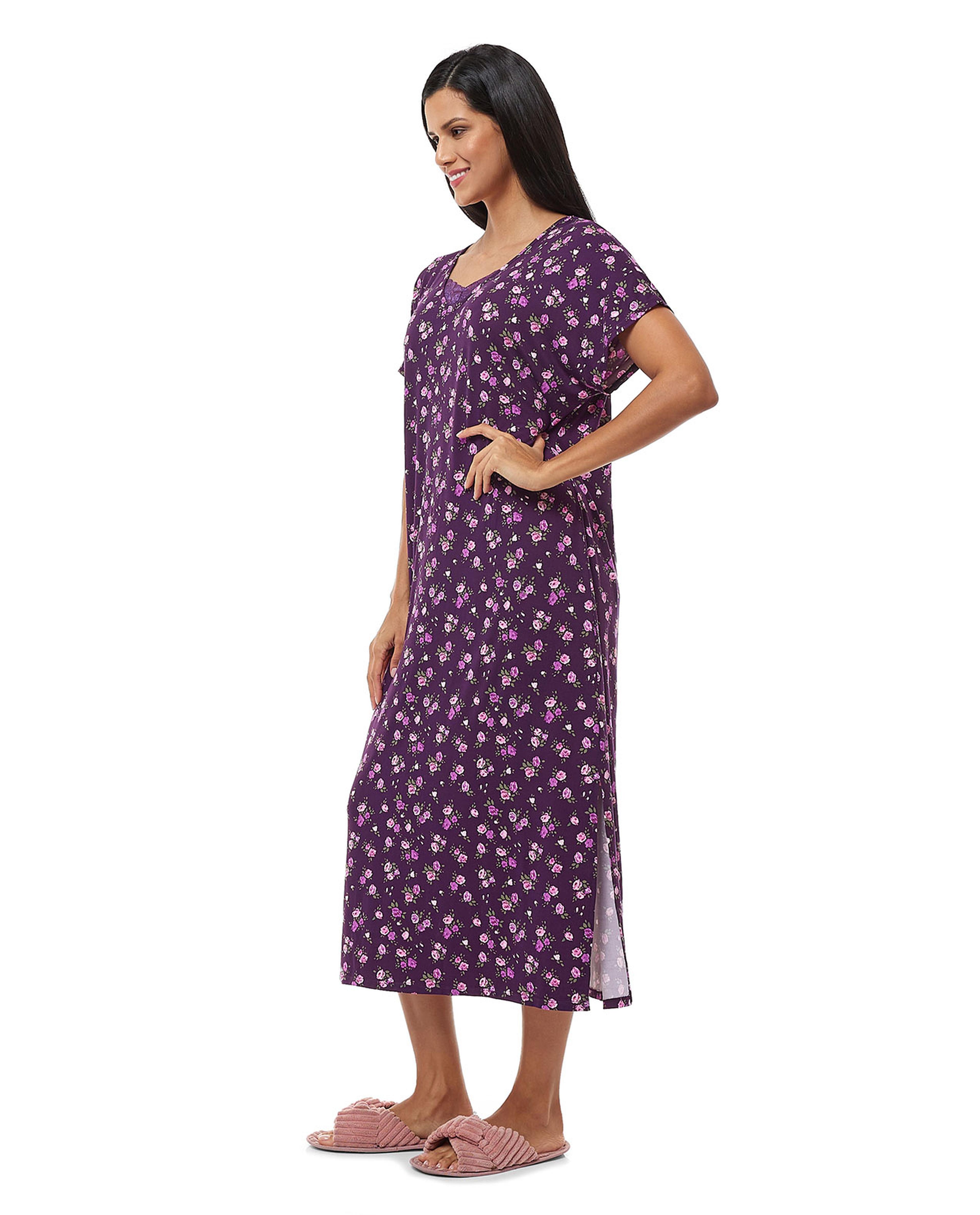 Floral Print Nightgown with Short Sleeves