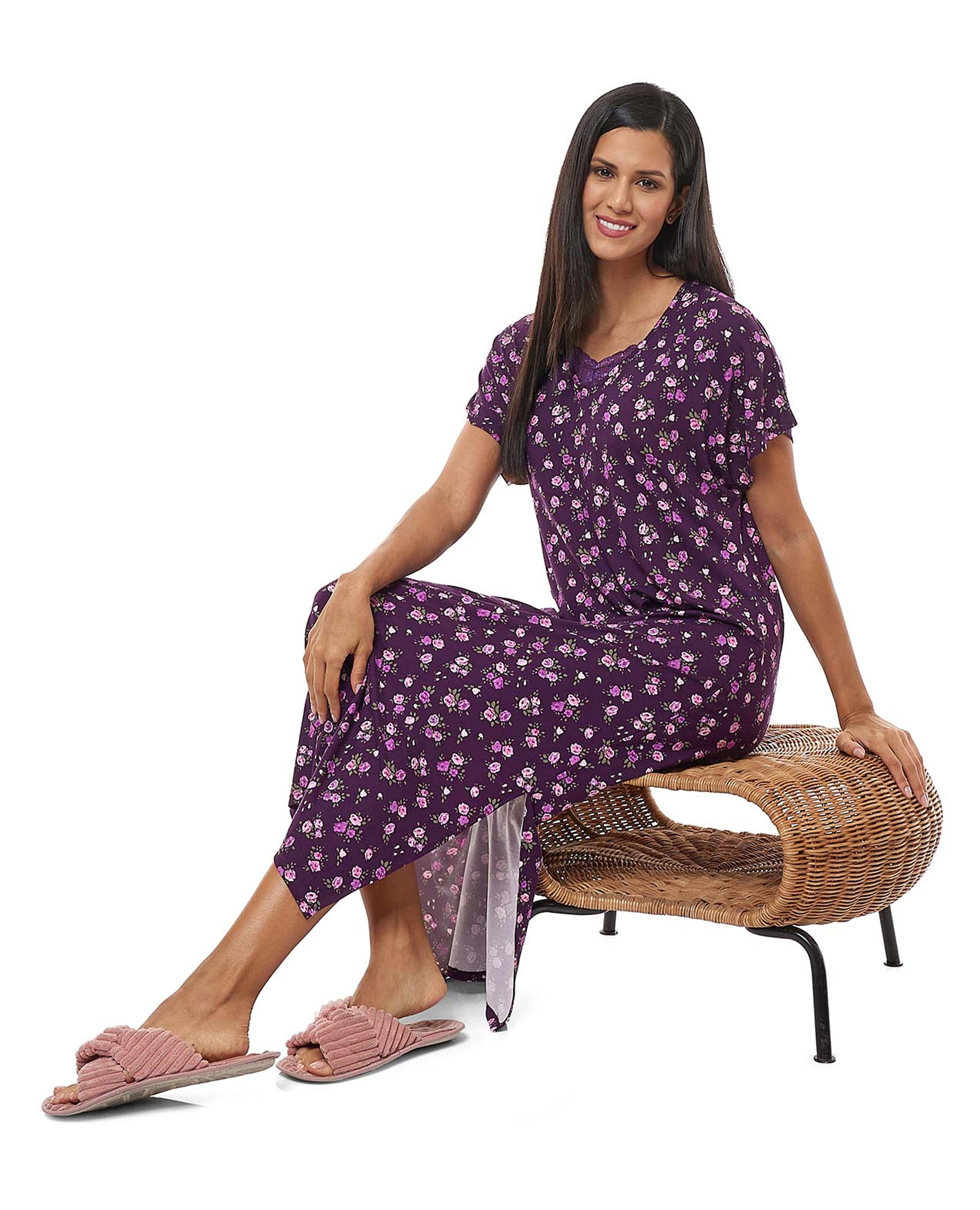 Floral Print Nightgown with Short Sleeves