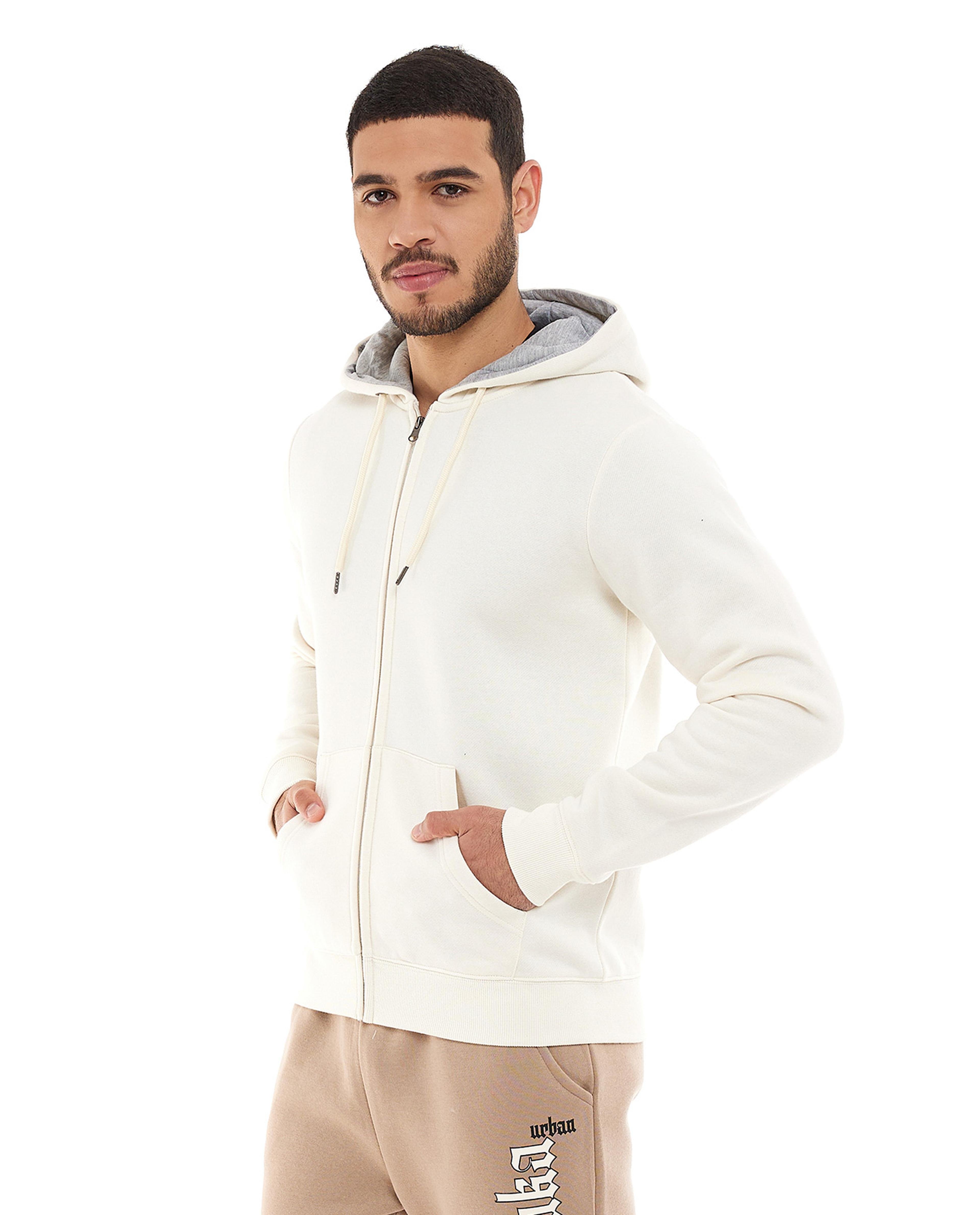 Solid Hooded Jacket with Zipper Closure