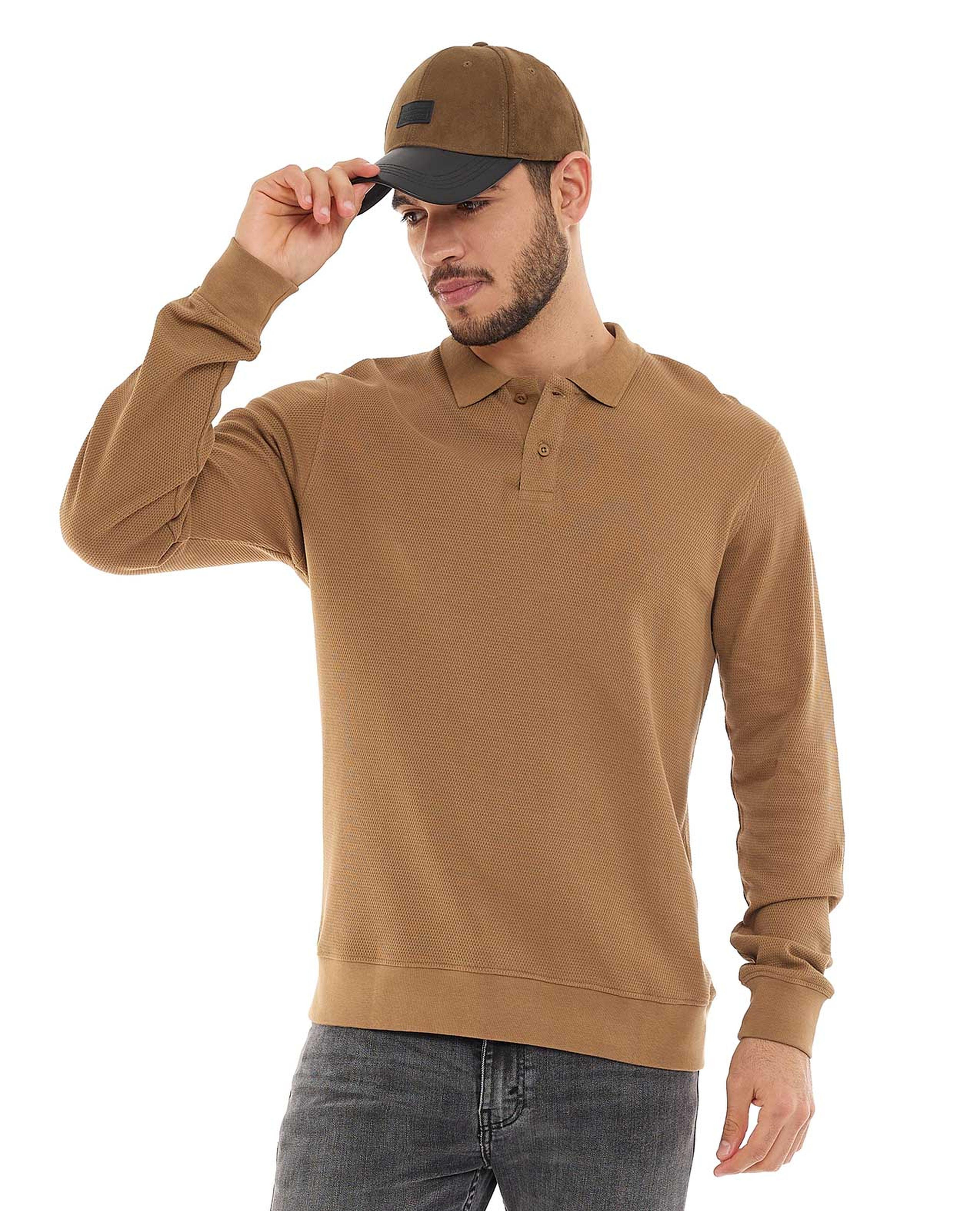 Textured Polo T-Shirt with Long Sleeves