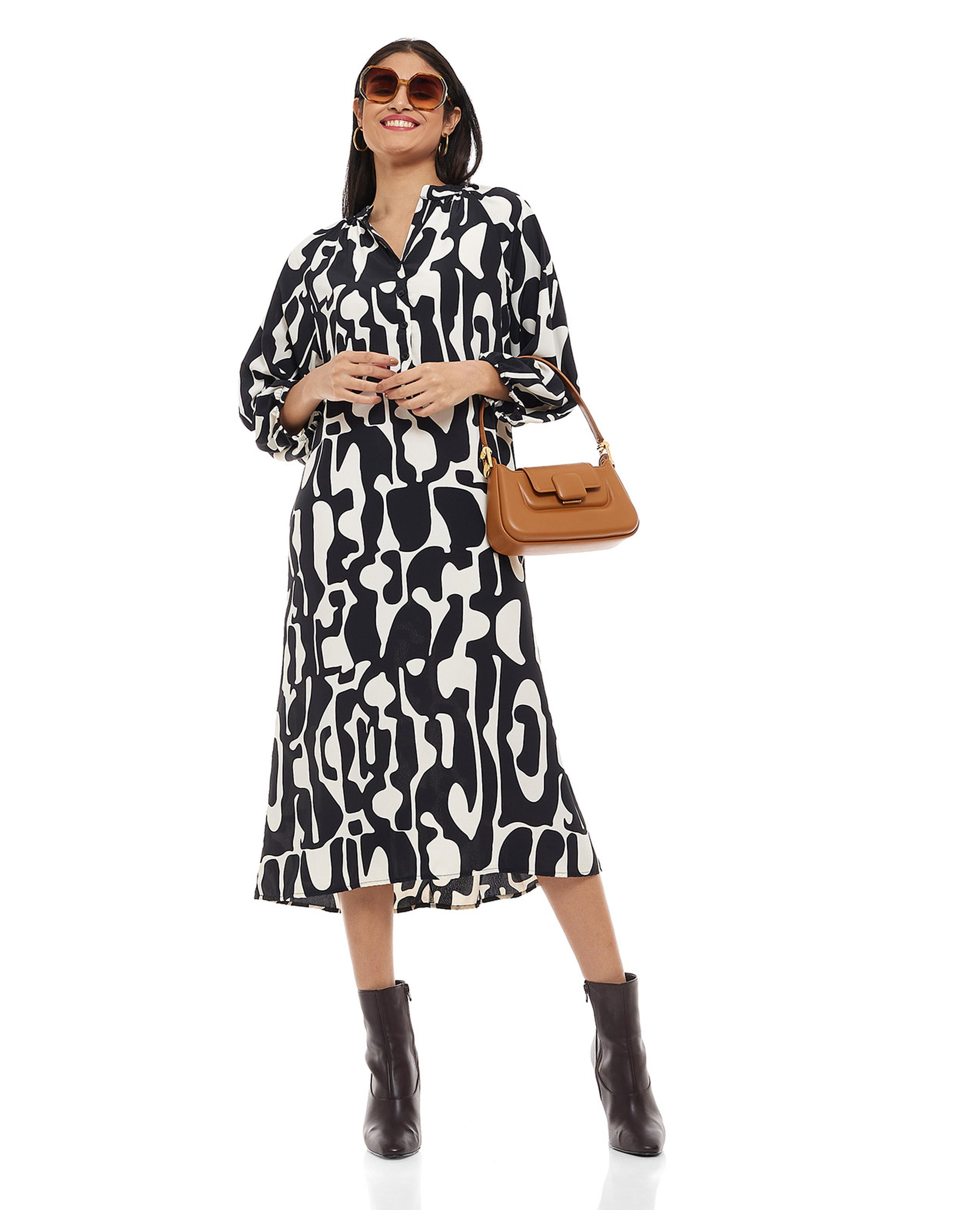 Patterned Midi Dress with Stand Collar and Long Sleeves