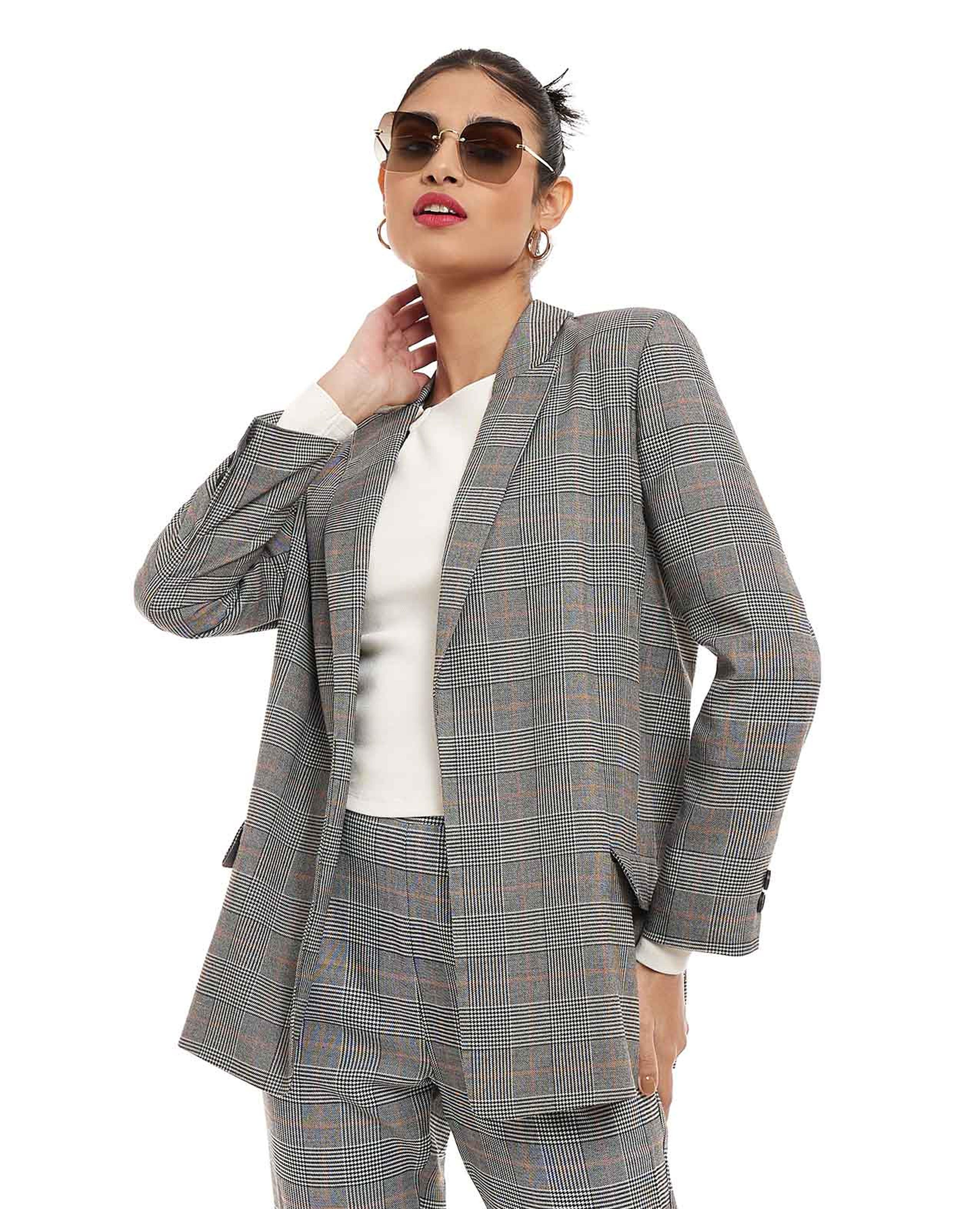 Patterned Blazer with Lapel Collar and Long Sleeves