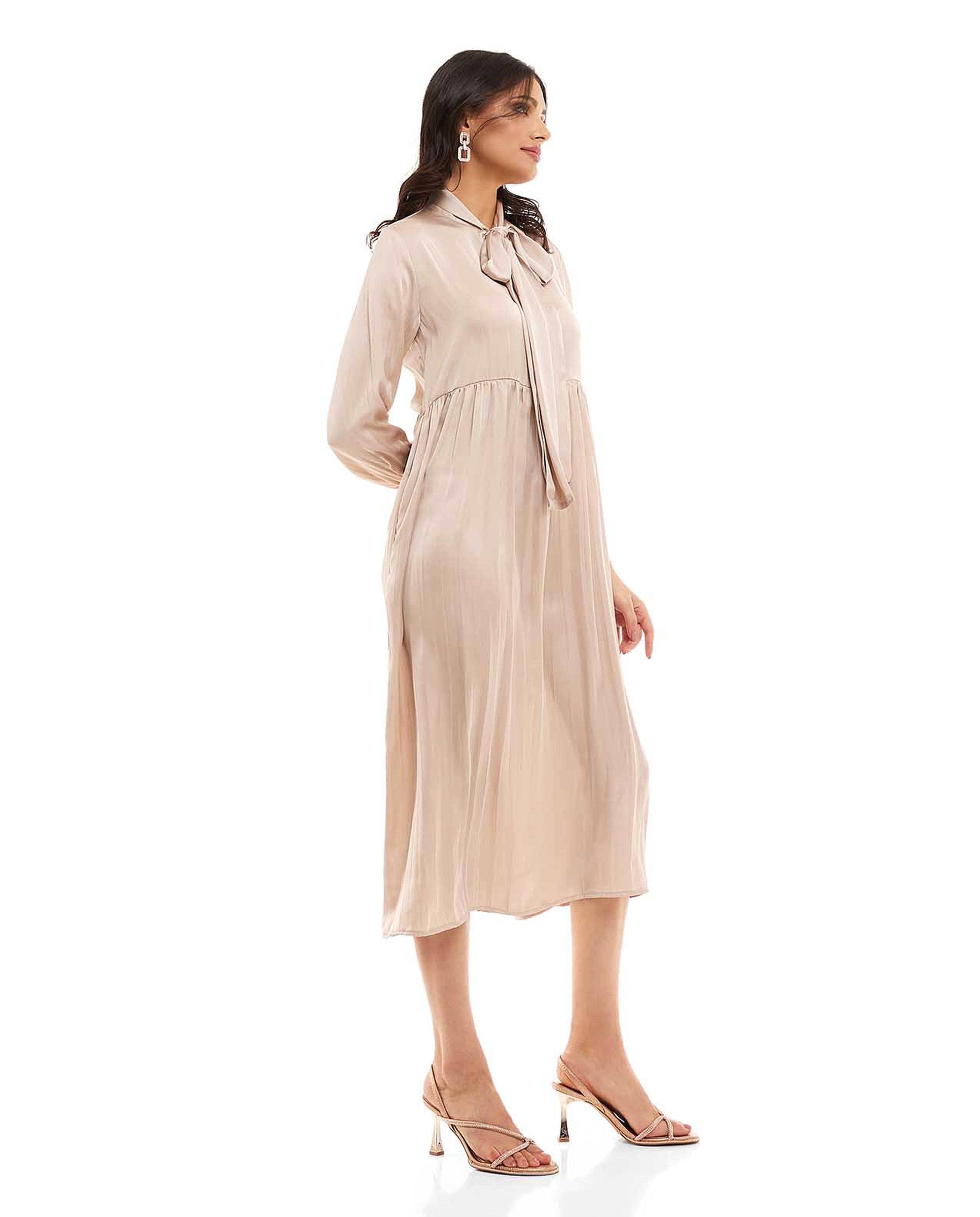 Solid Midi Dress with Tie-Up Neck and Long Sleeves