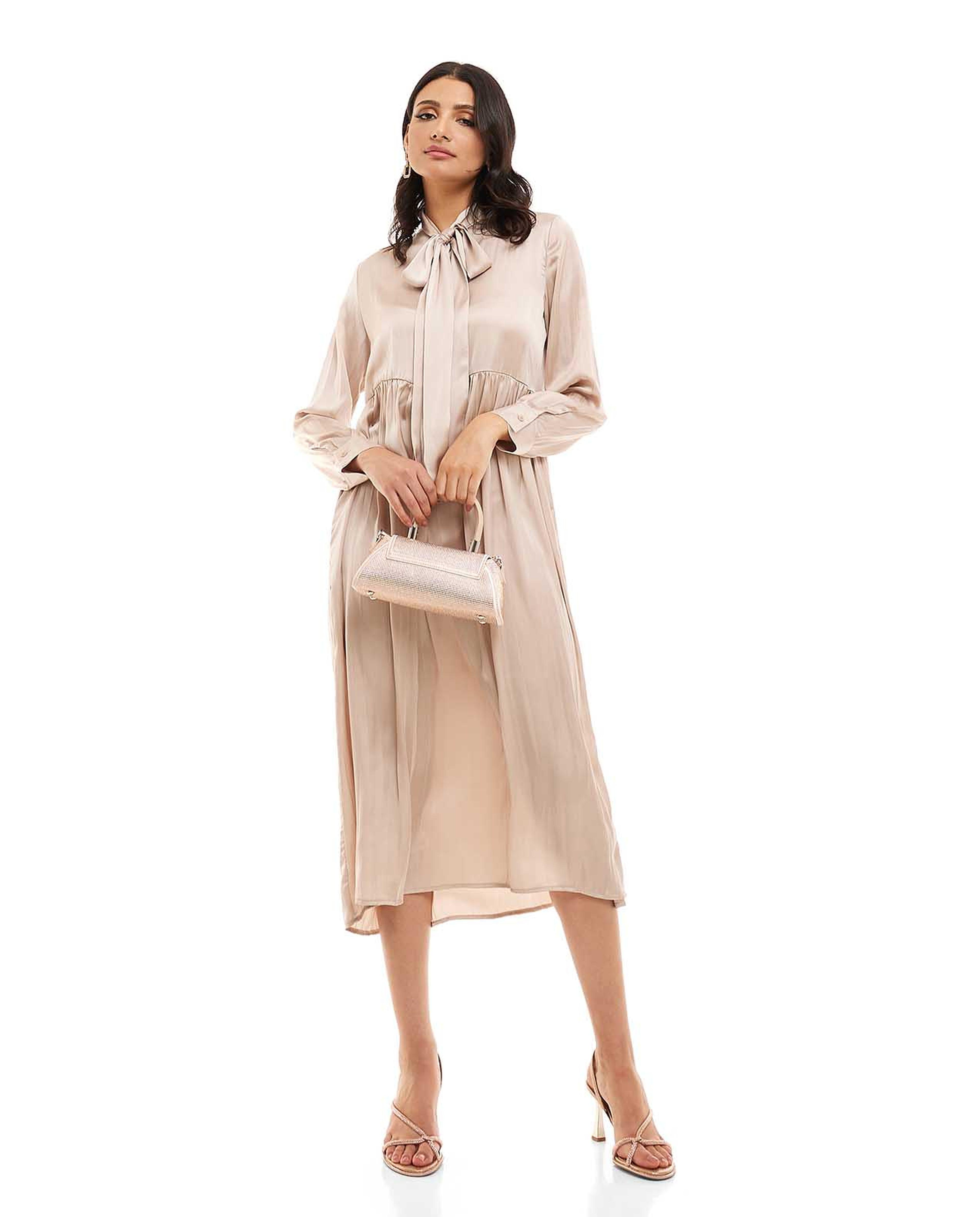 Solid Midi Dress with Tie-Up Neck and Long Sleeves