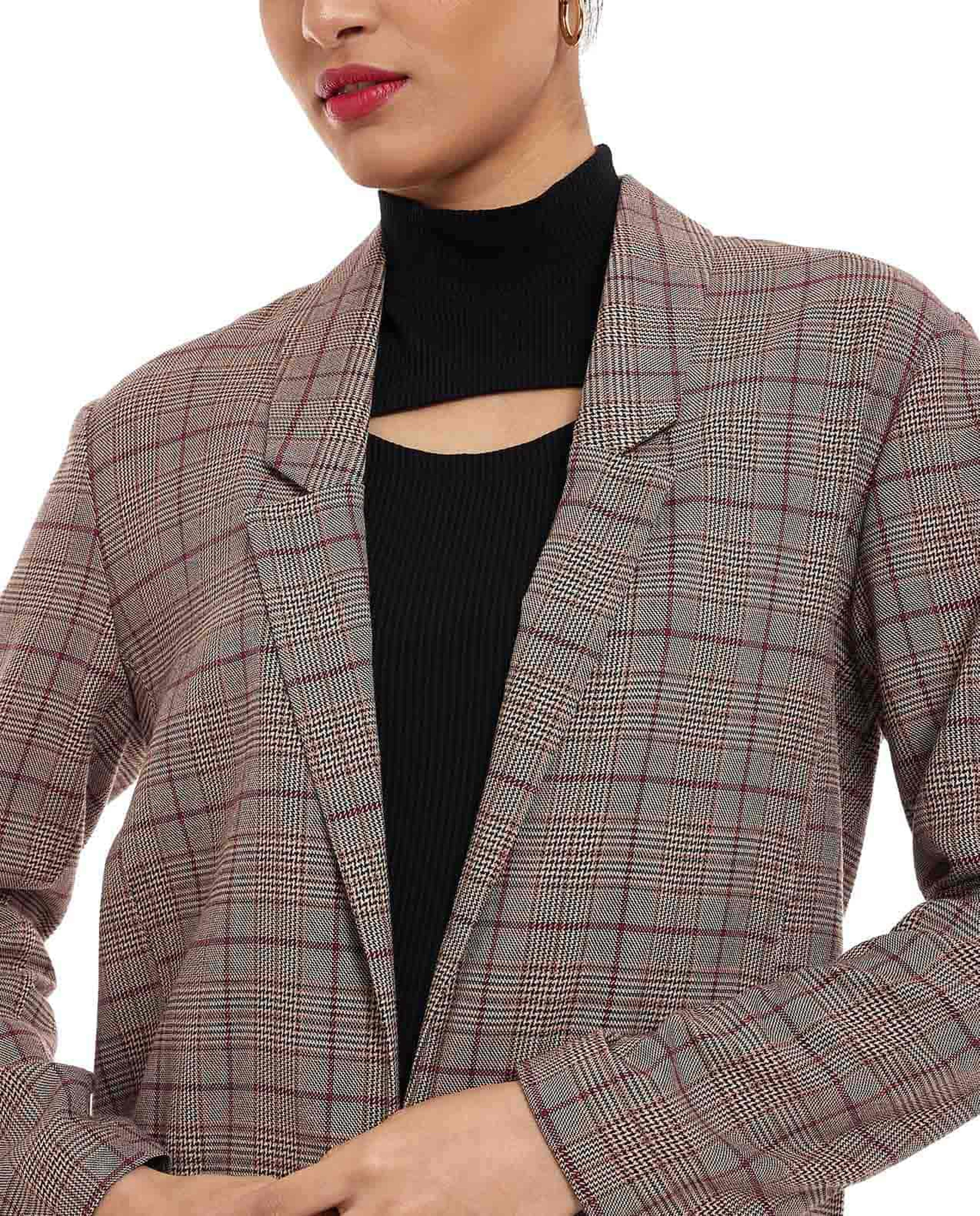 Plaid Blazer with Lapel Collar and Long Sleeves