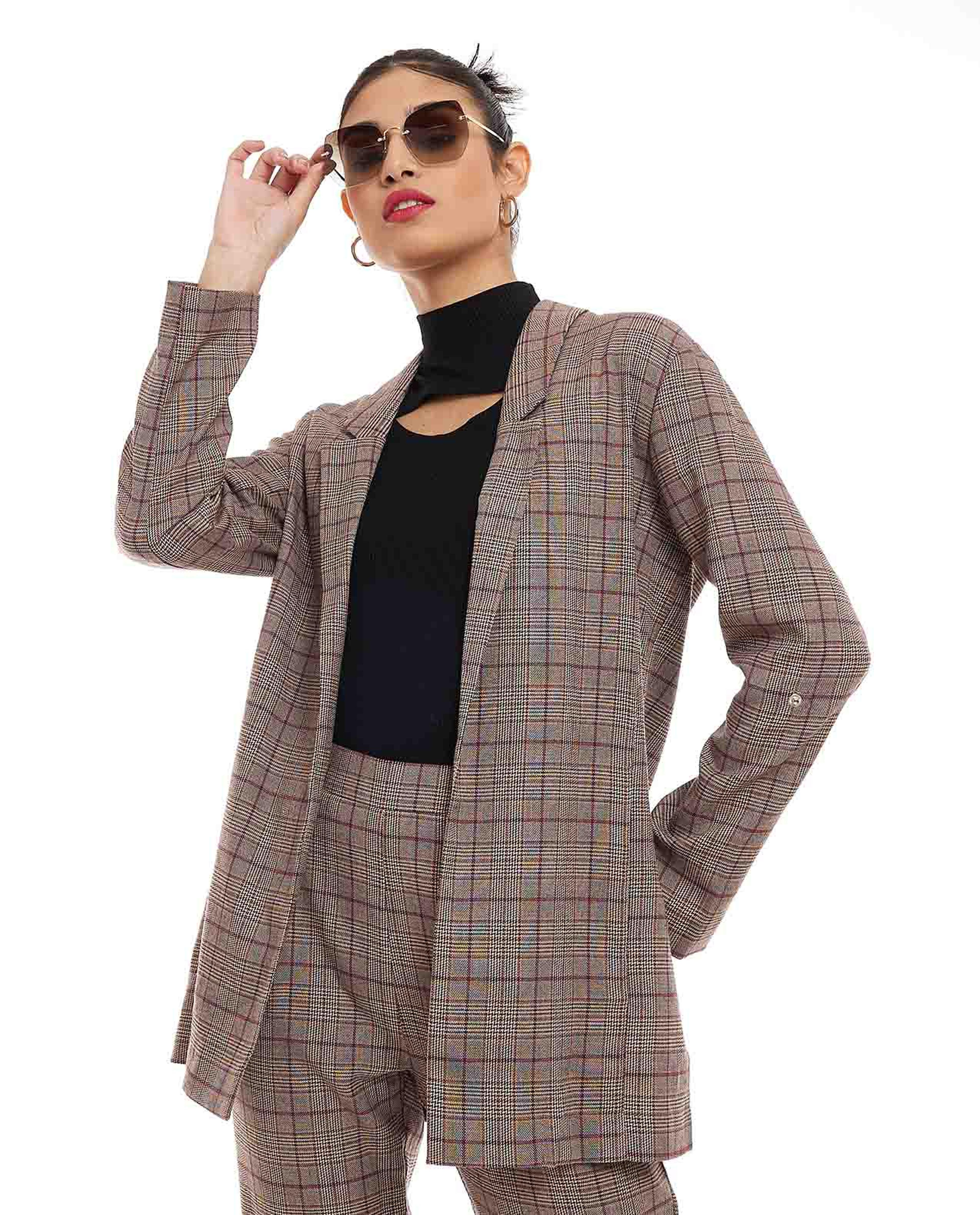 Plaid Blazer with Lapel Collar and Long Sleeves
