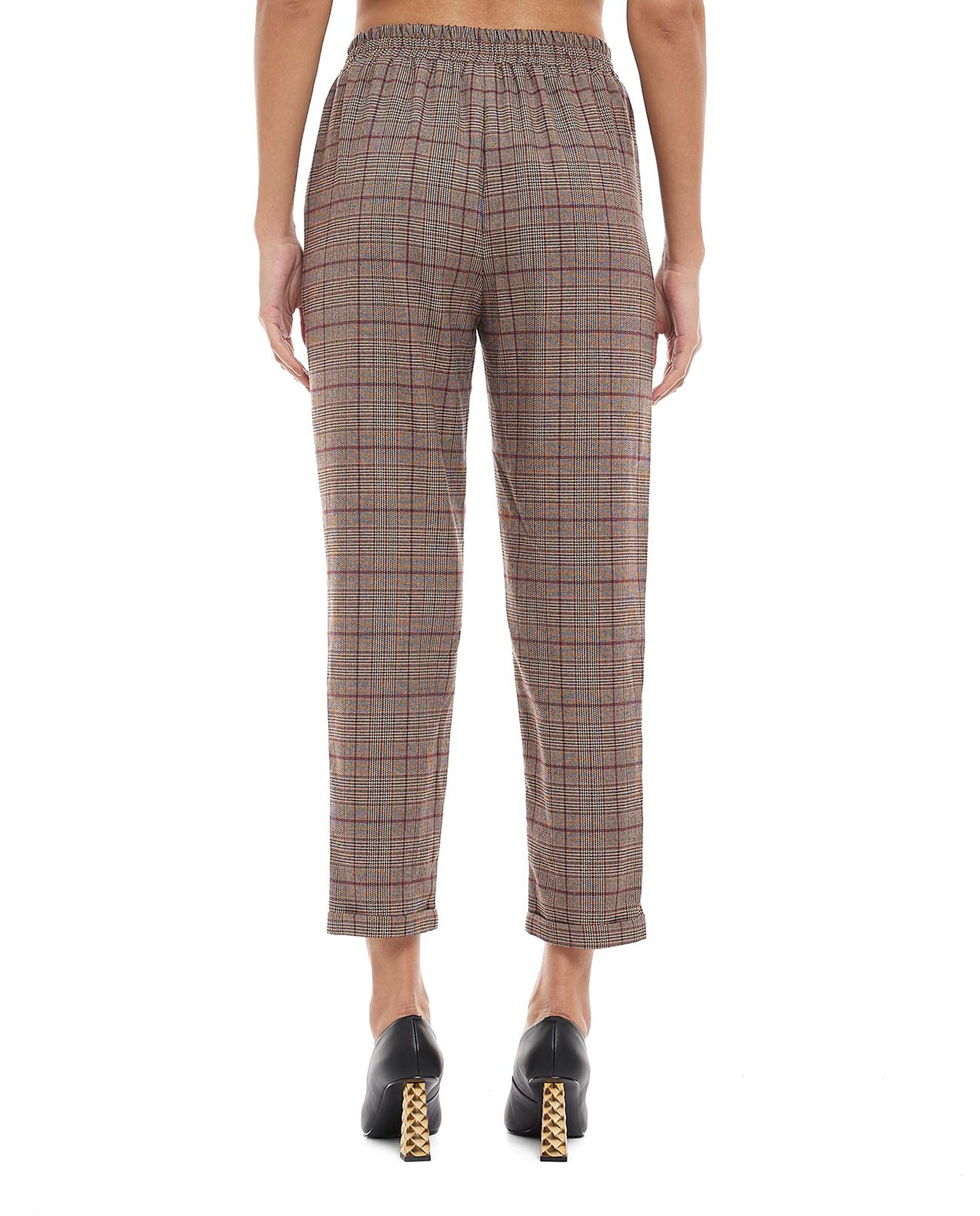 Plaid Pleated Trousers with Elastic Waist