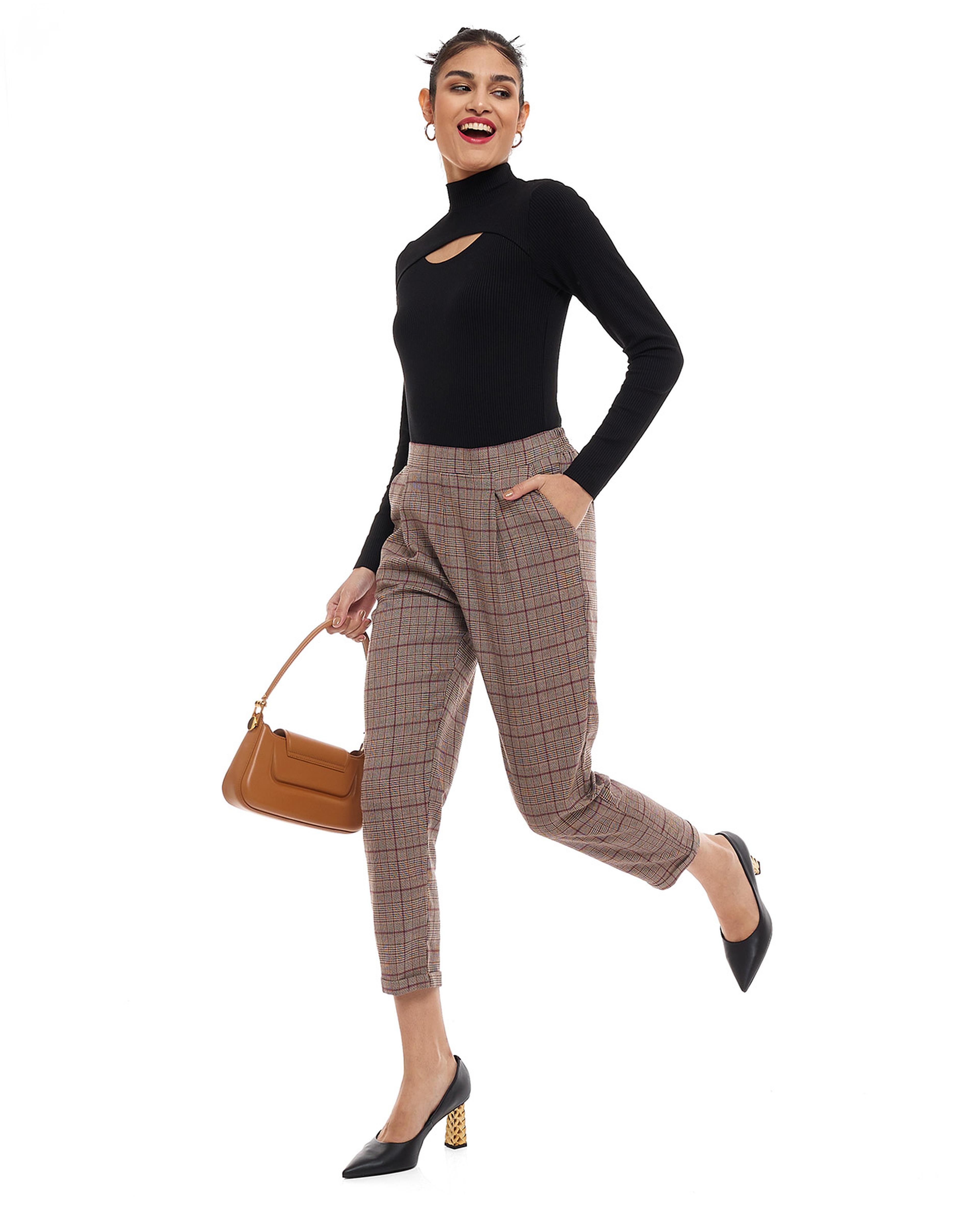 Plaid Pleated Trousers with Elastic Waist