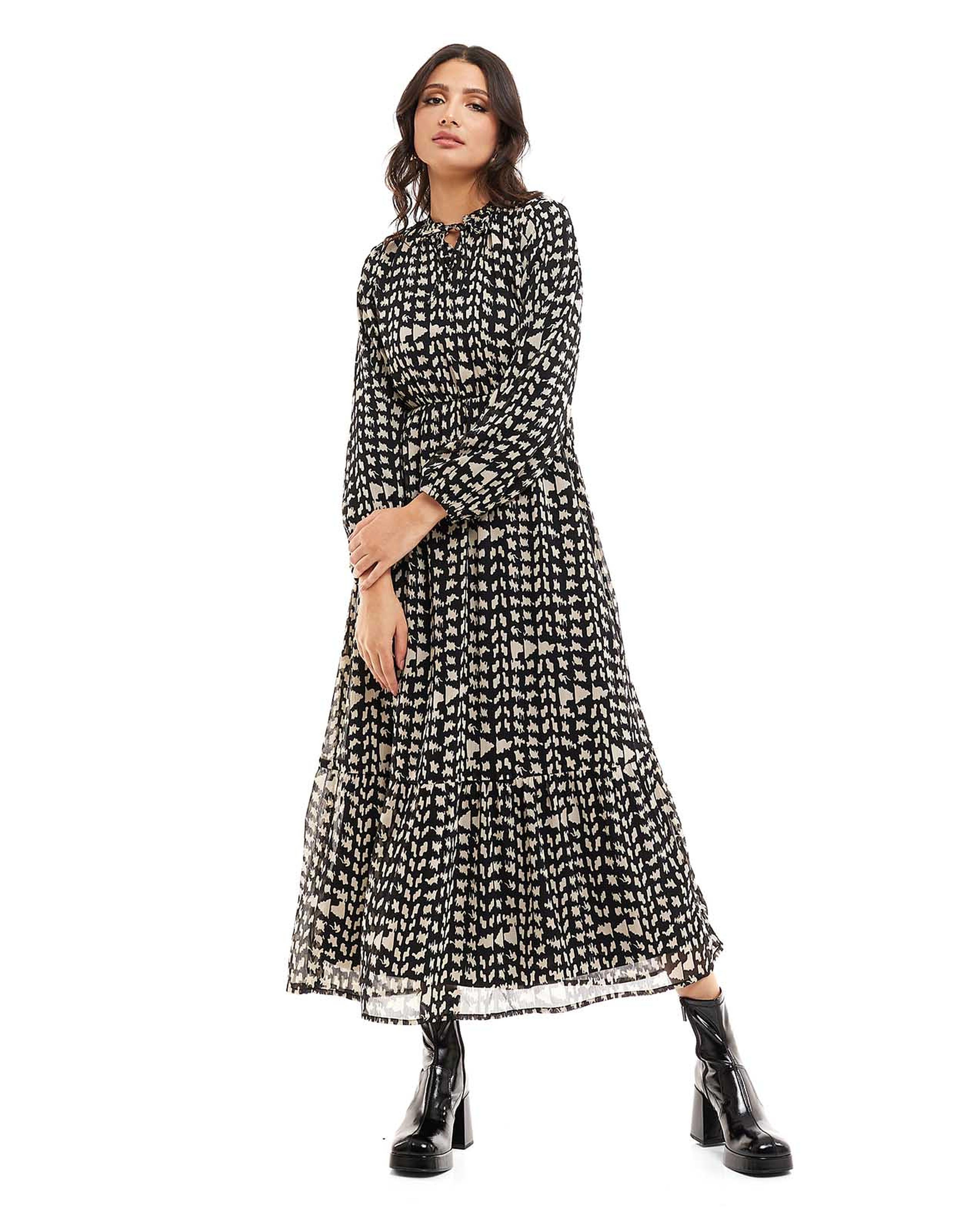 Patterned Flared Dress with Ruffle Neck and Puff Sleeves