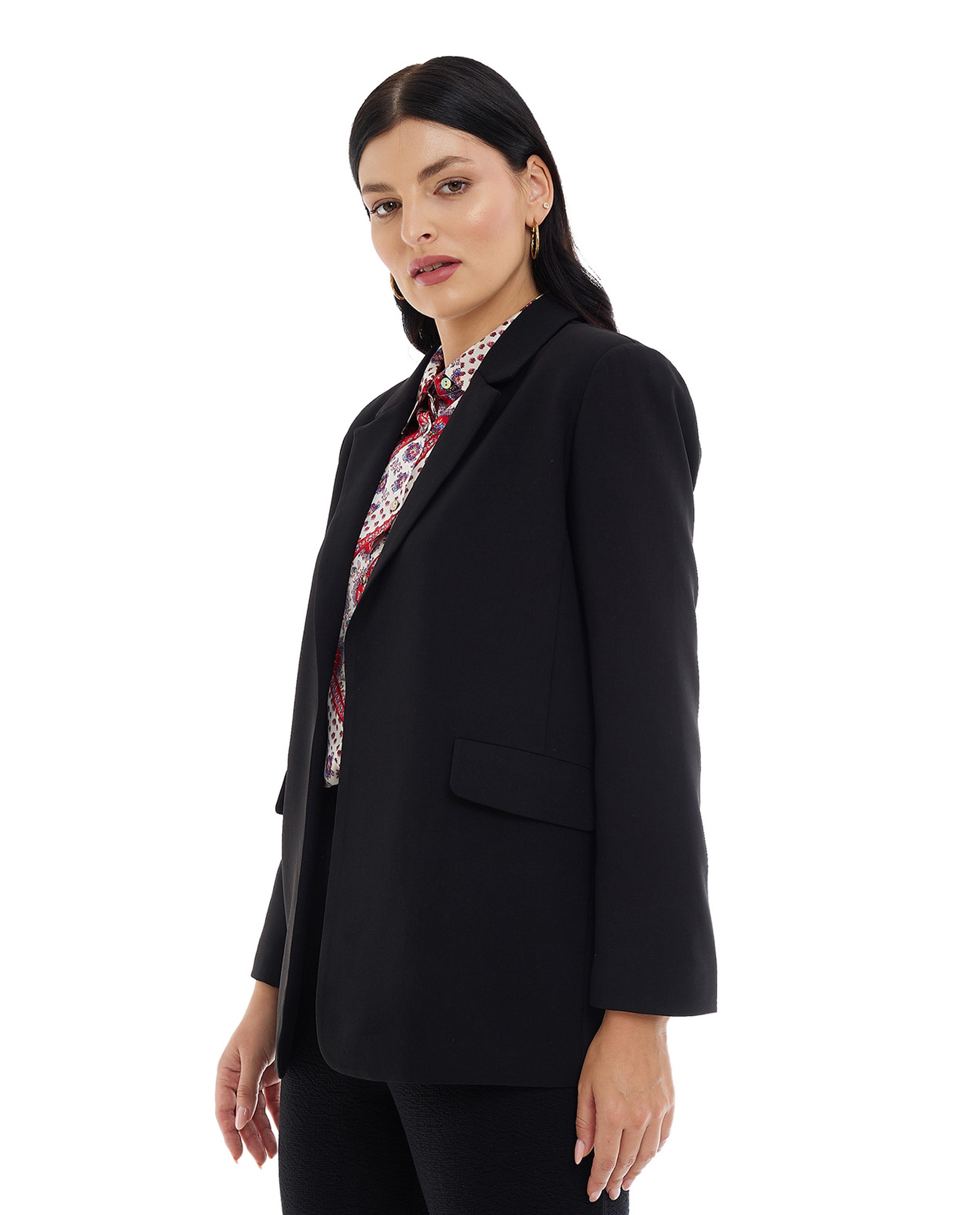 Solid Blazer with Lapel Collar and Long Sleeves