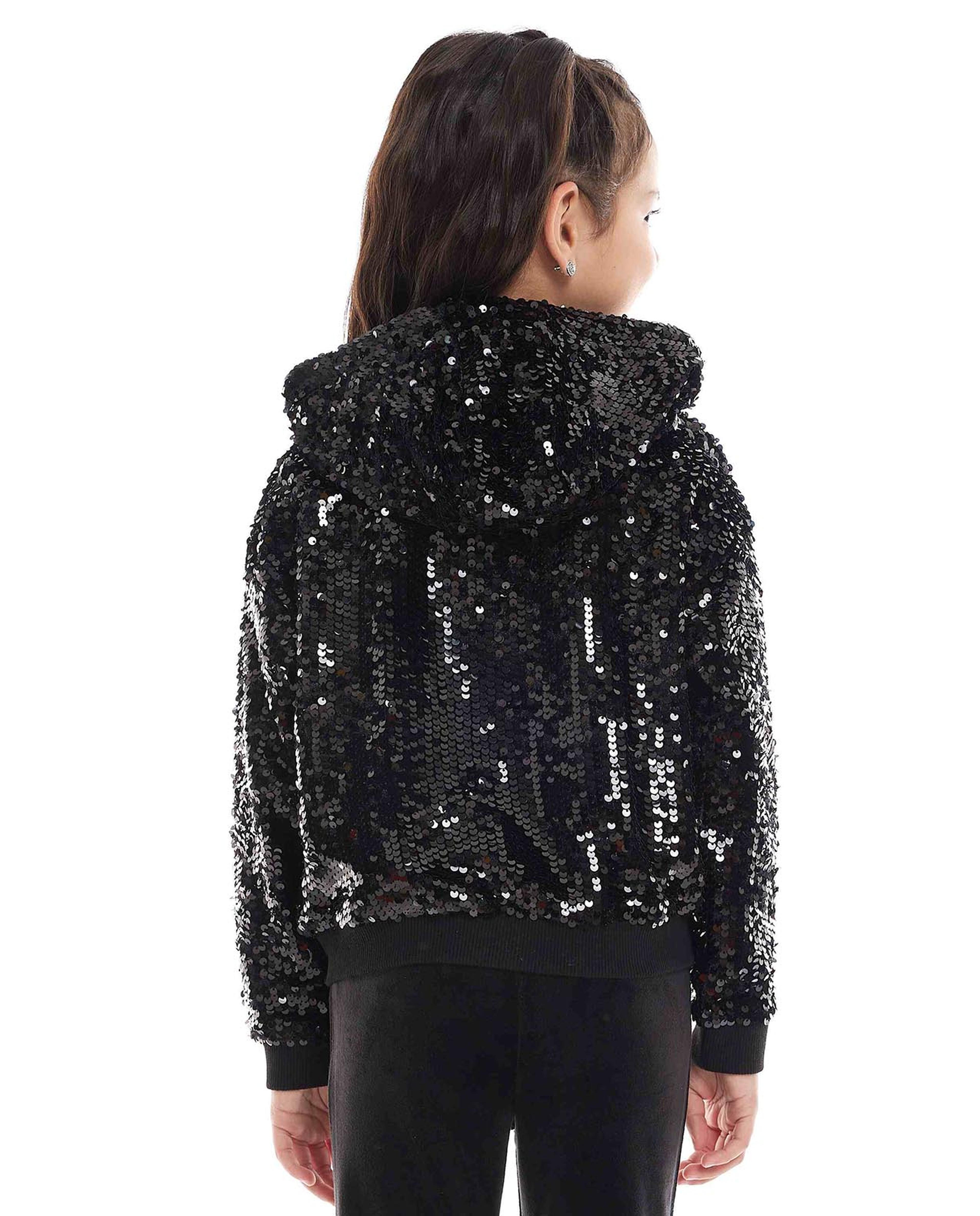 Sequined Hooded Jacket with Zipper Closure