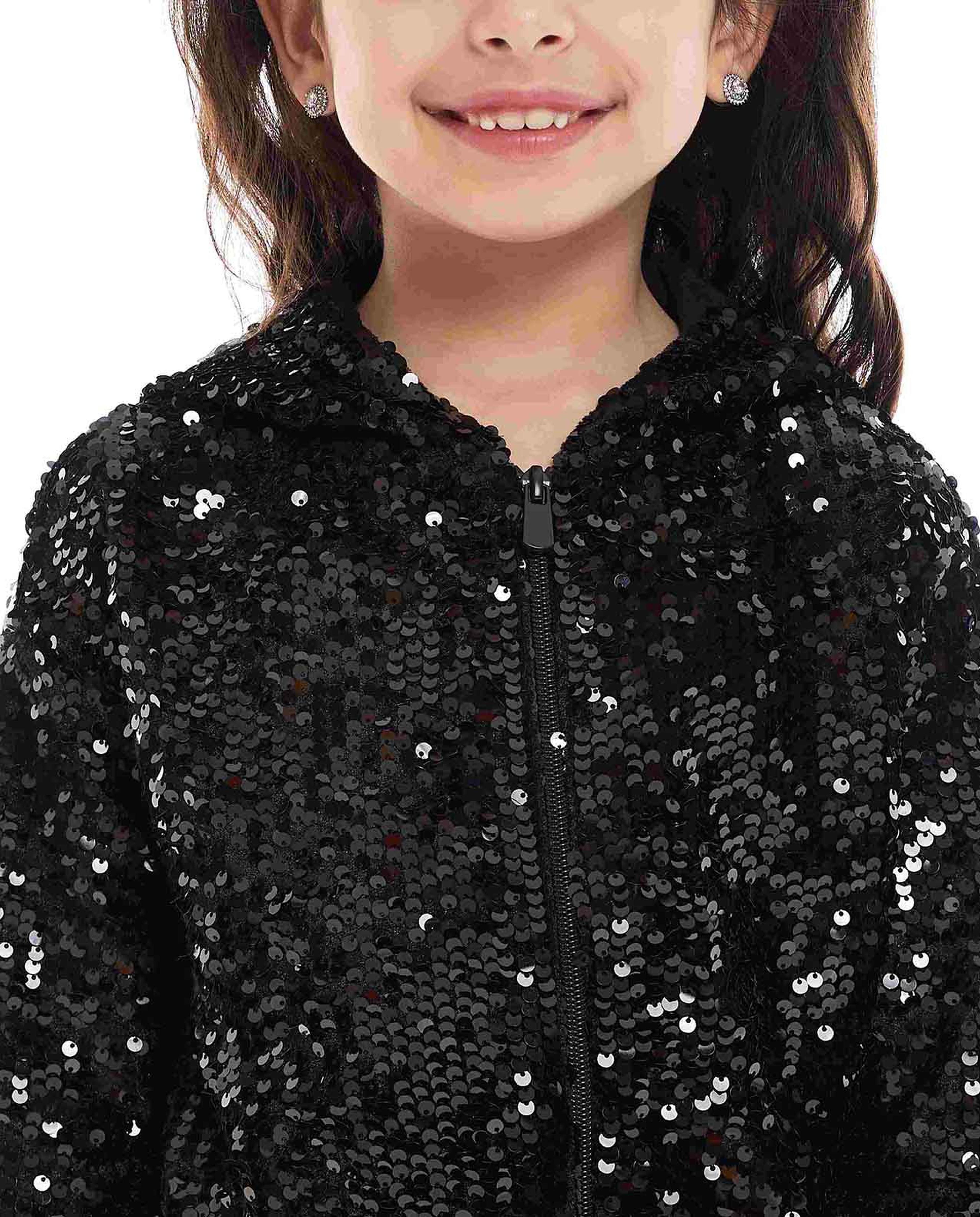 Sequined Hooded Jacket with Zipper Closure