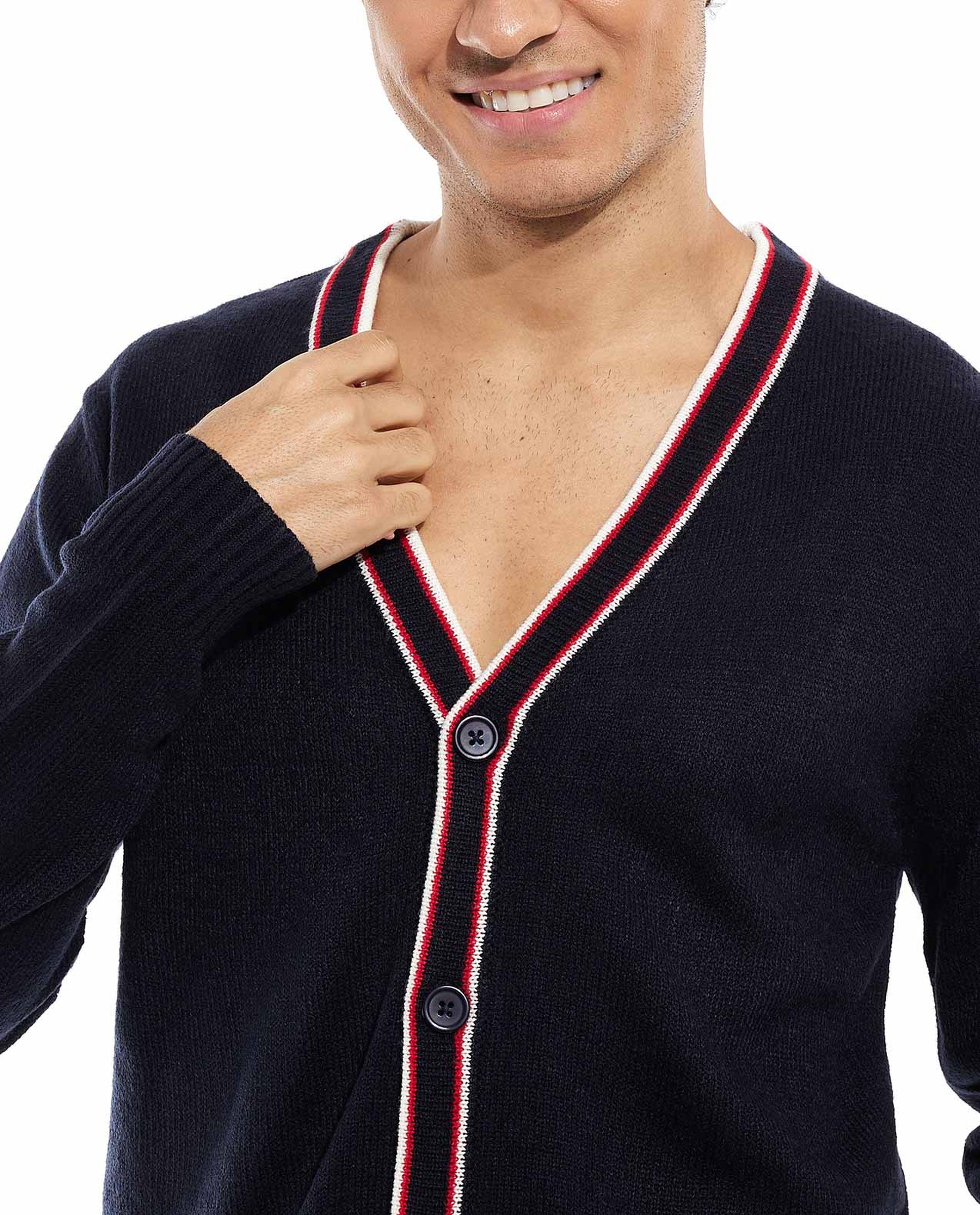 Contrast Trim V-Neck Cardigan with Long Sleeves