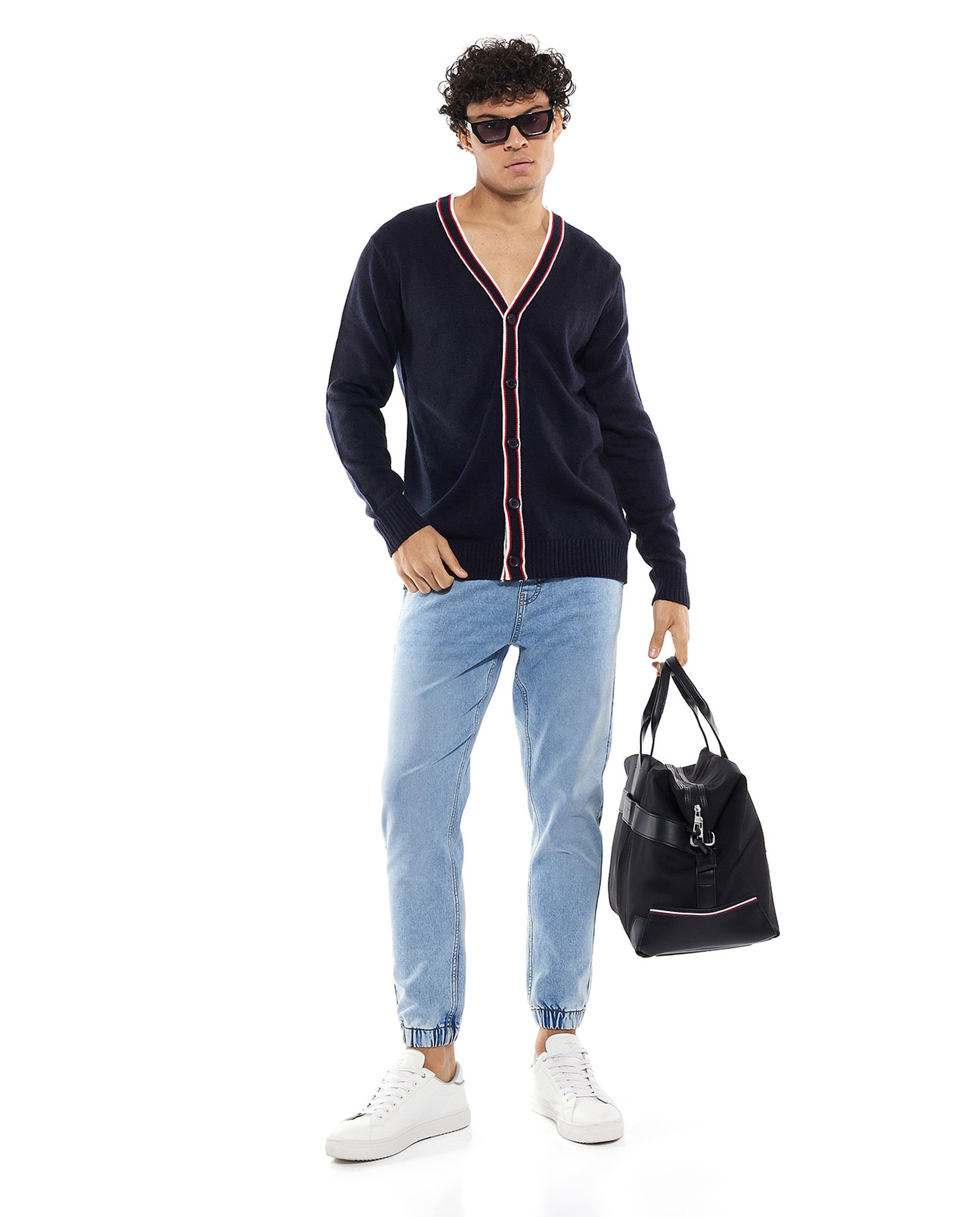 Contrast Trim V-Neck Cardigan with Long Sleeves