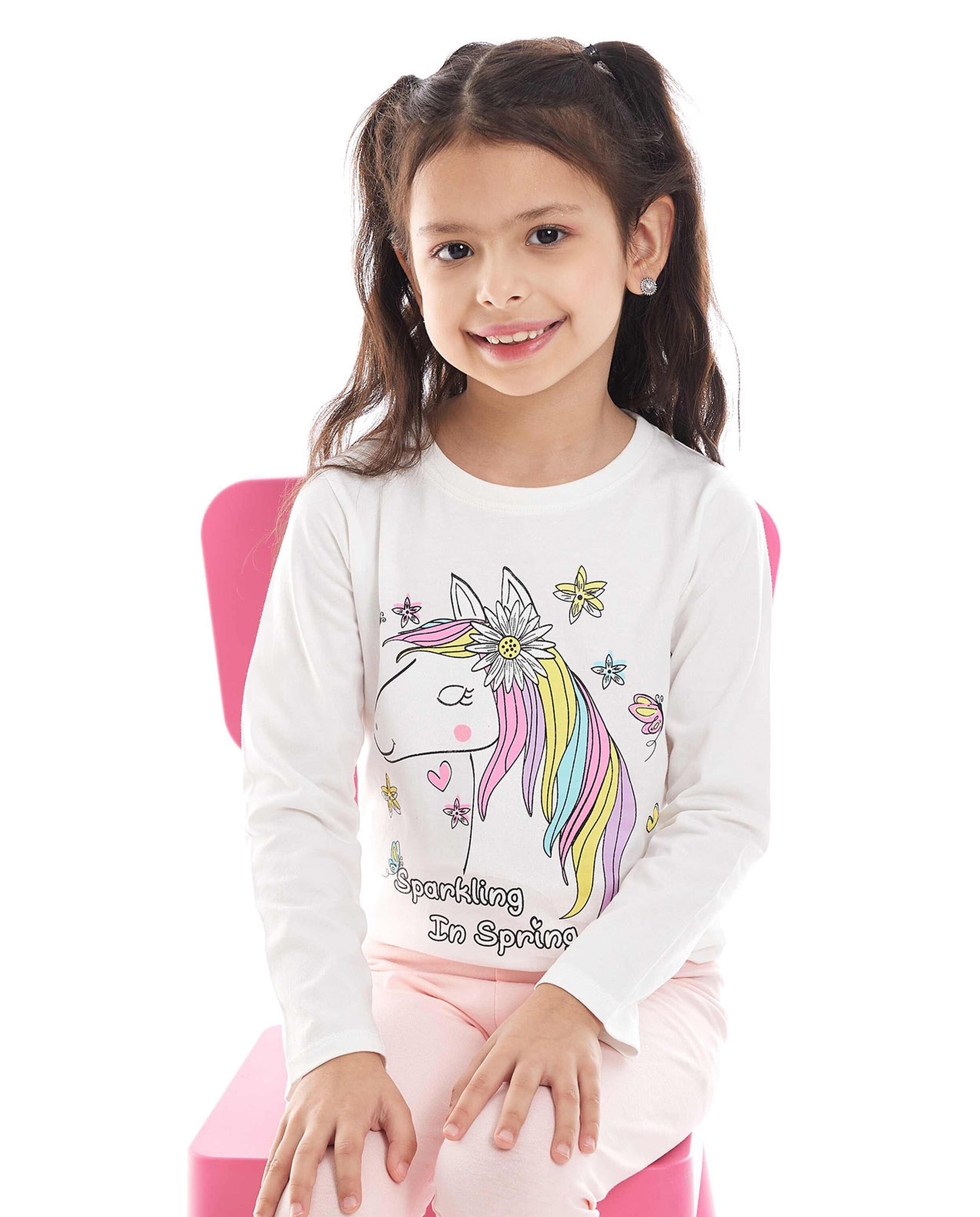 Unicorn Print T-Shirt with Crew Neck and Long Sleeves