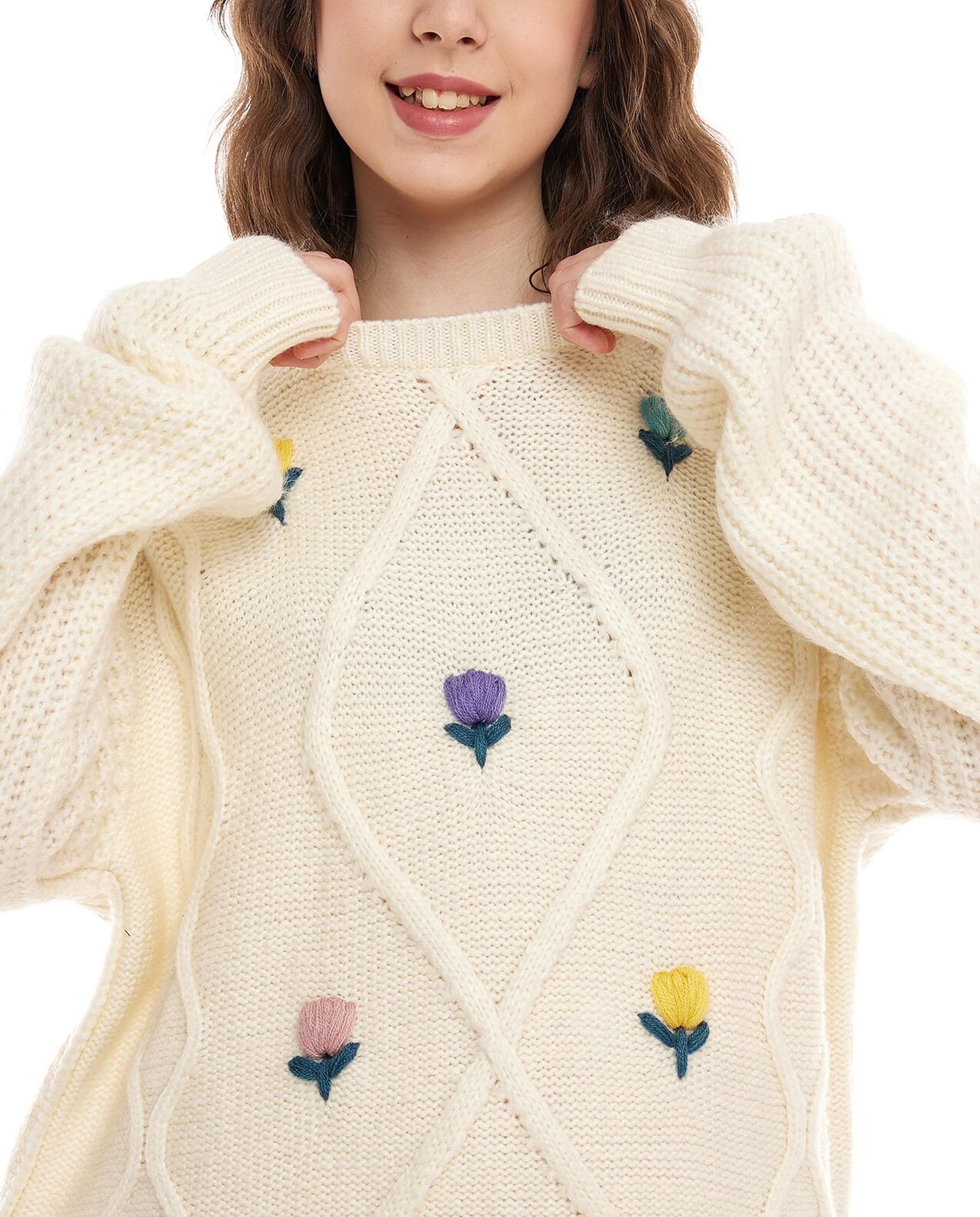 Embroidered Sweater with Crew Neck and Long Sleeves