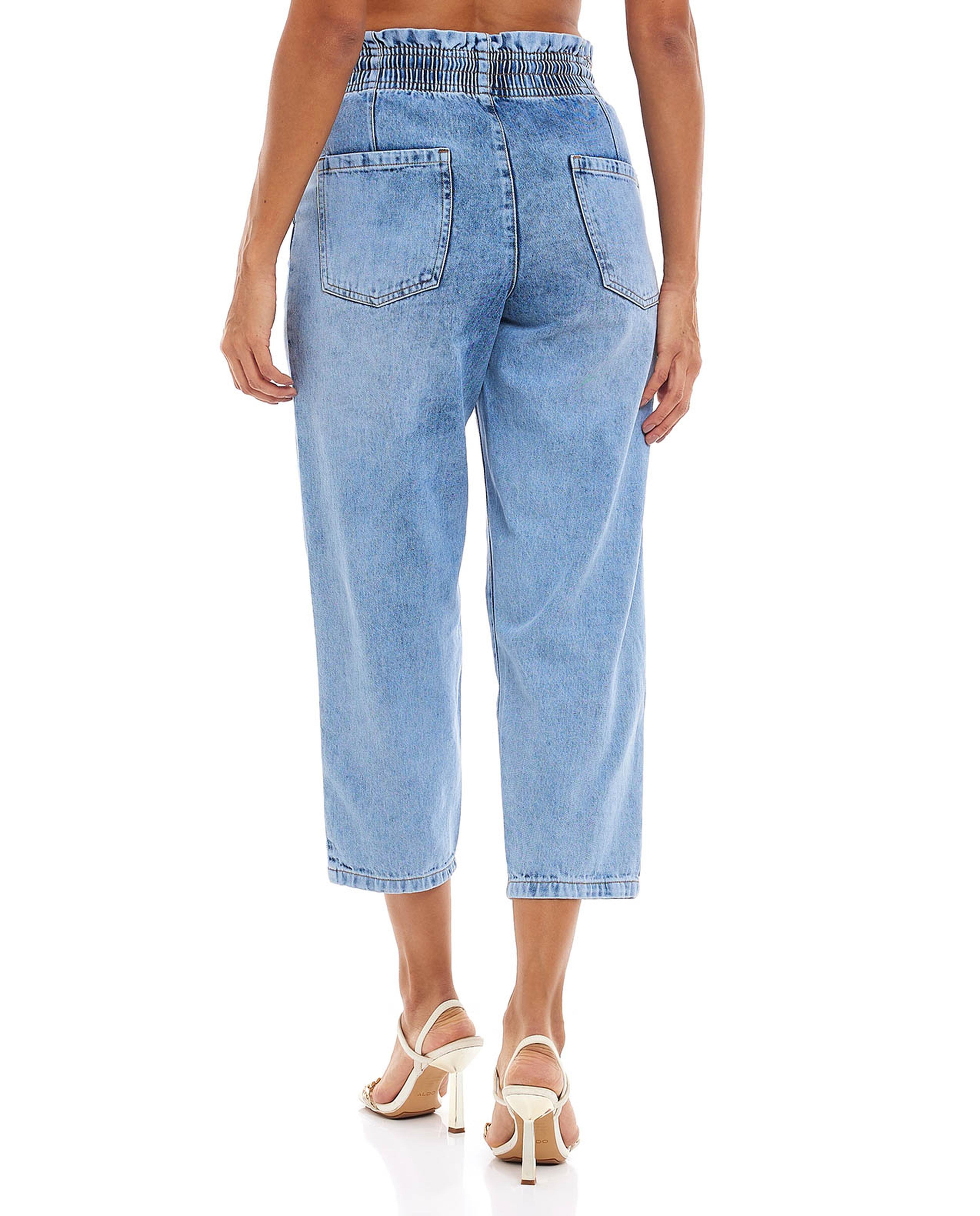 Washed Cropped Jeans with Drawstring Waist