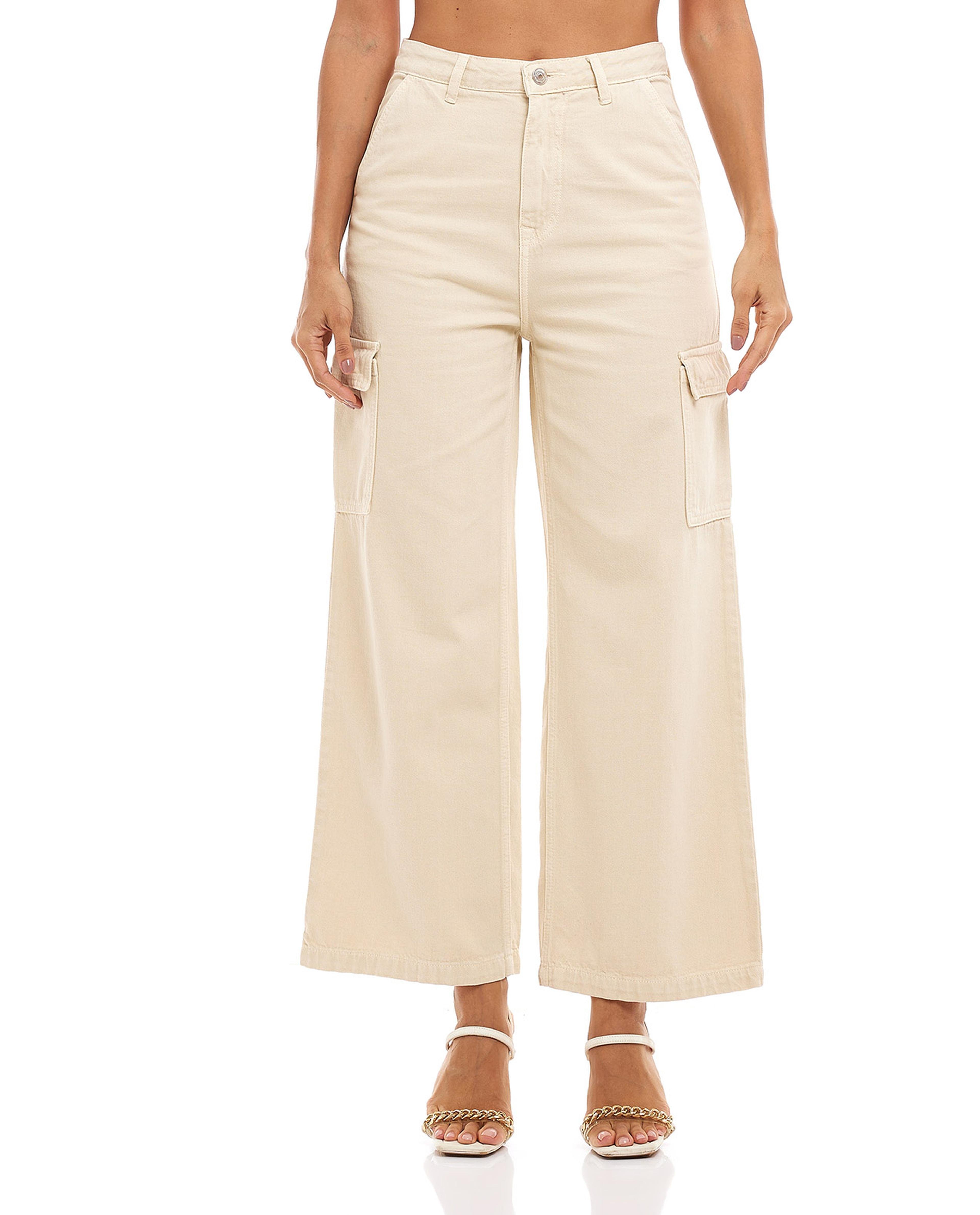 Solid Cargo Wide Leg Jeans with Button Closure