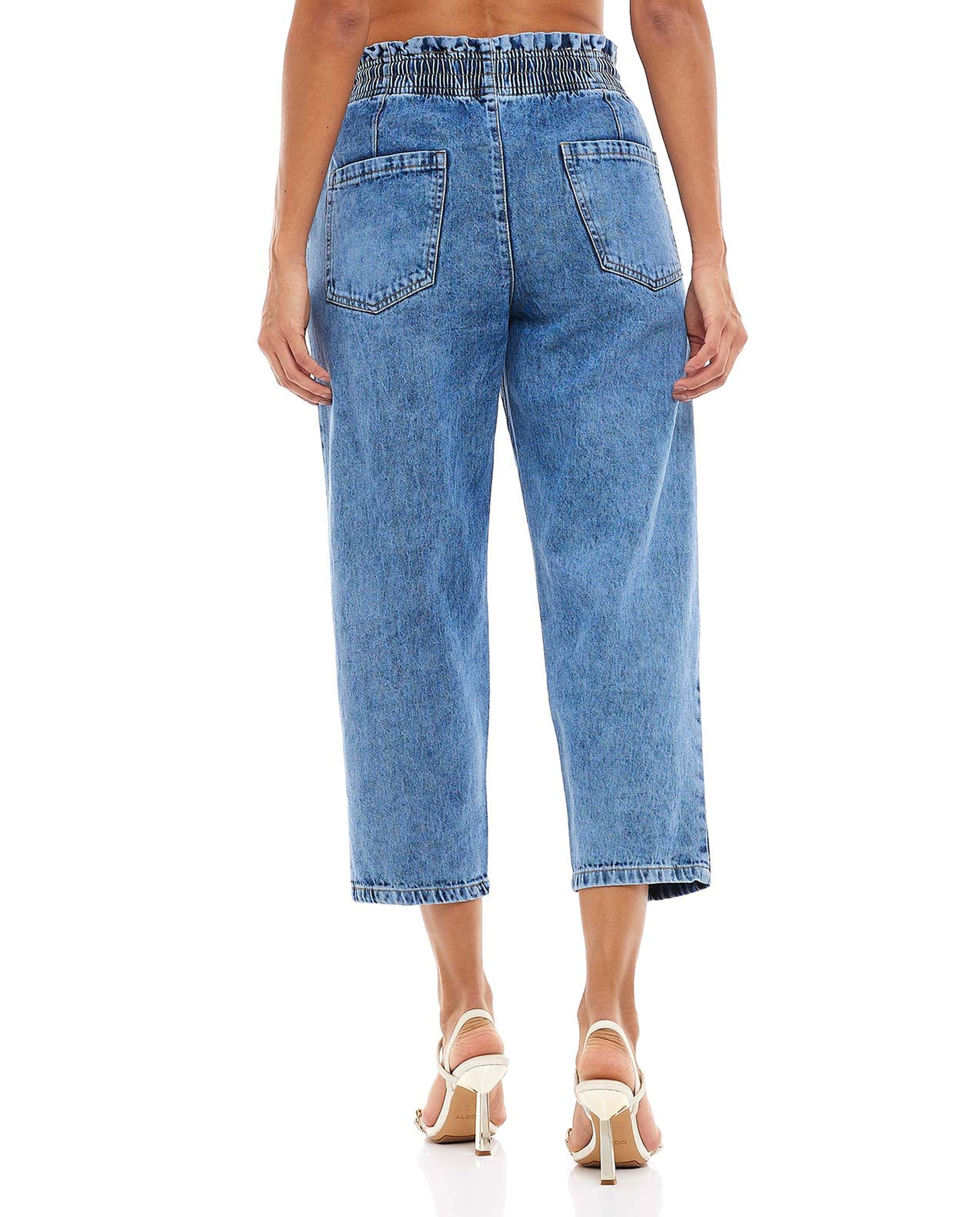 Washed Cropped Jeans with Drawstring Waist