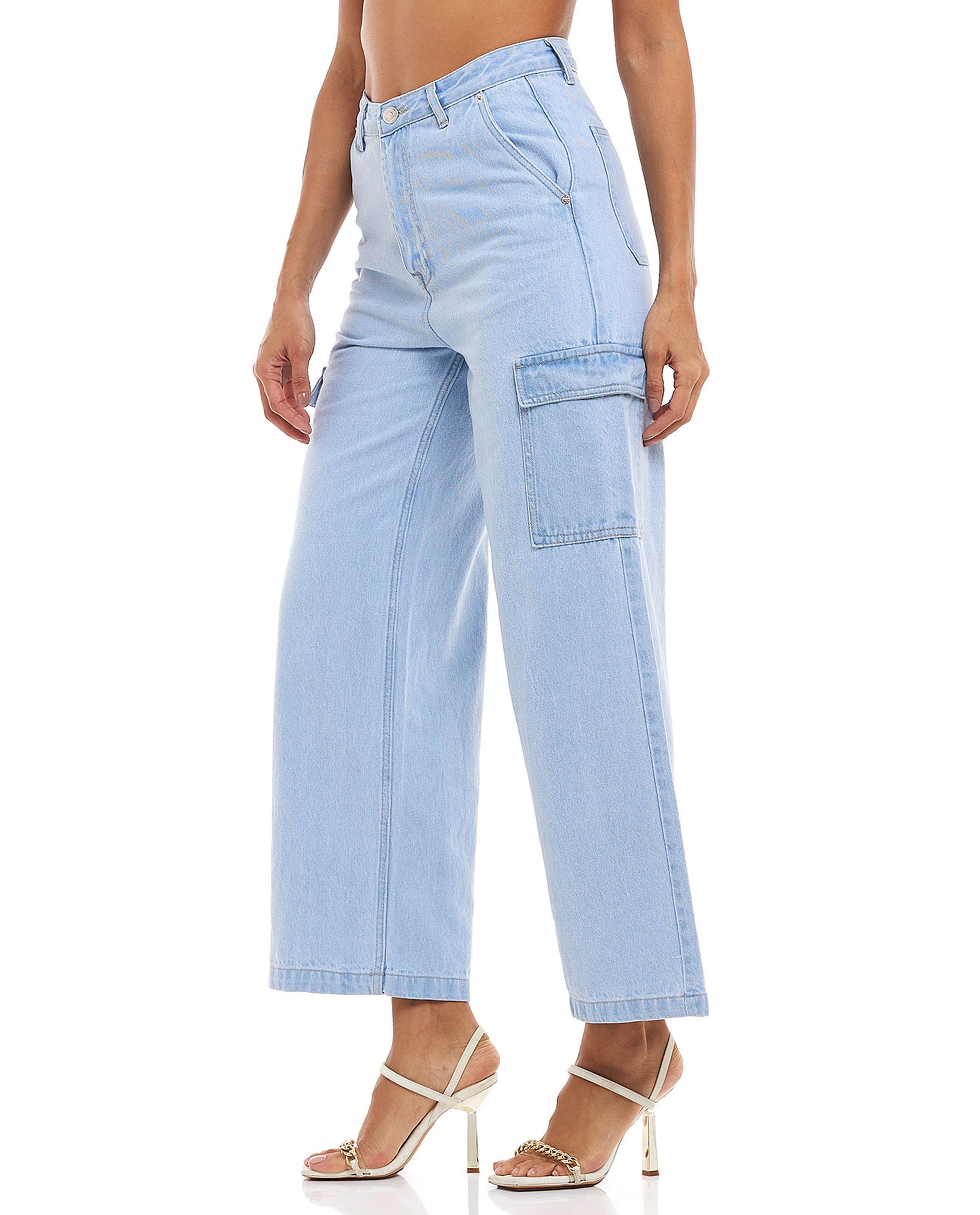 Faded Cargo Wide Leg Jeans with Button Closure