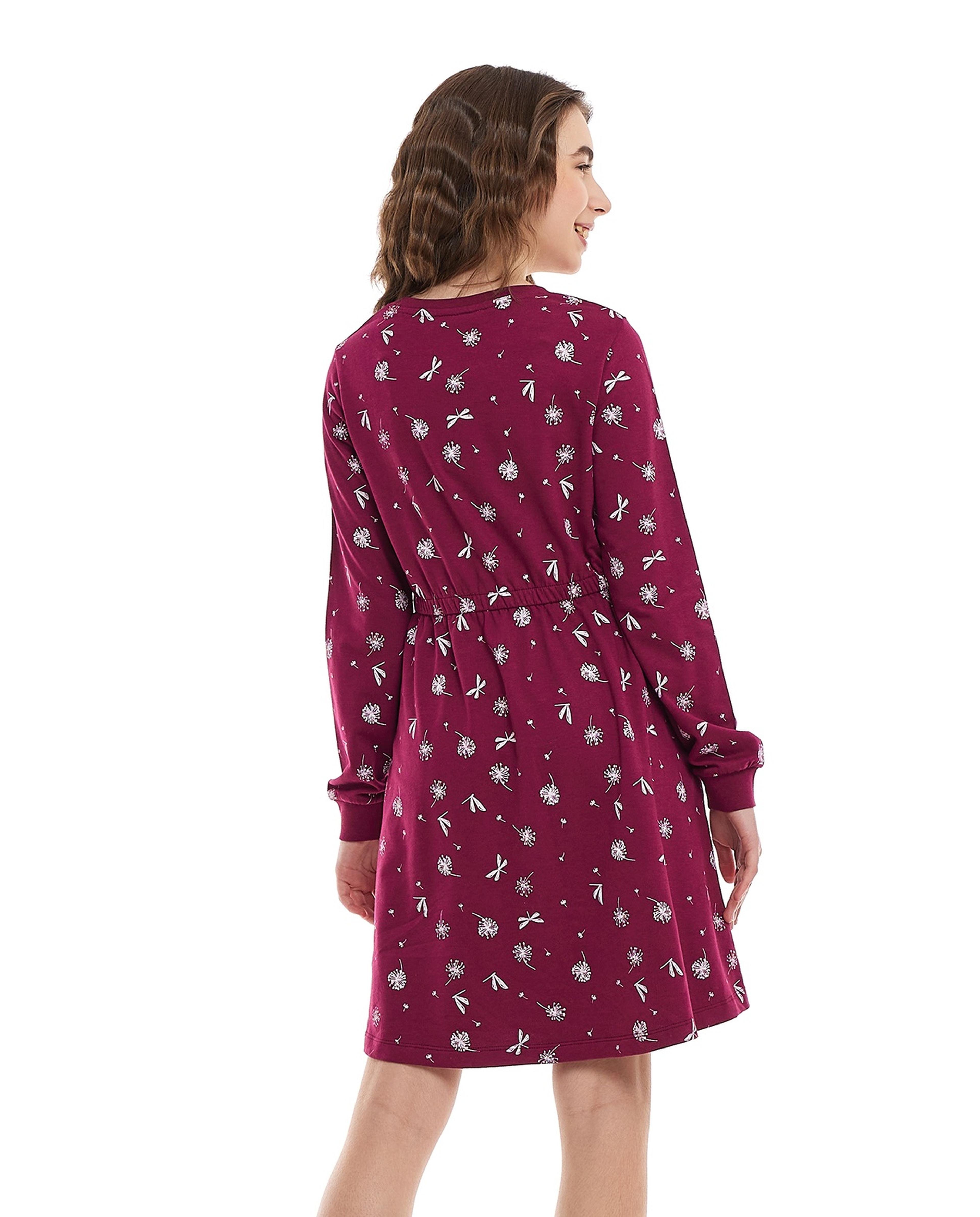 Printed Fit and Flare Dress with Crew Neck and Long Sleeves