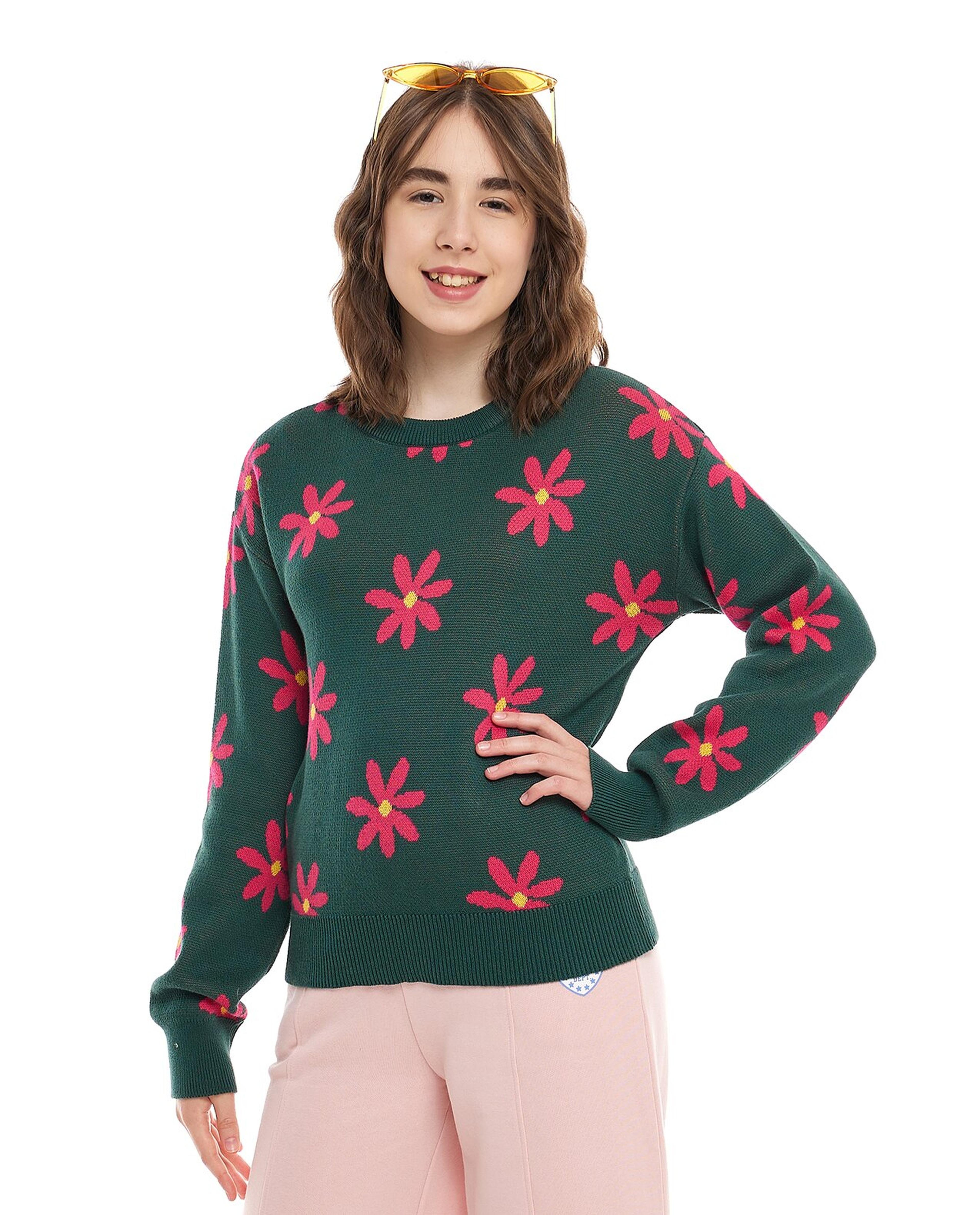 Floral Patterned Sweater with Crew Neck and Long Sleeves