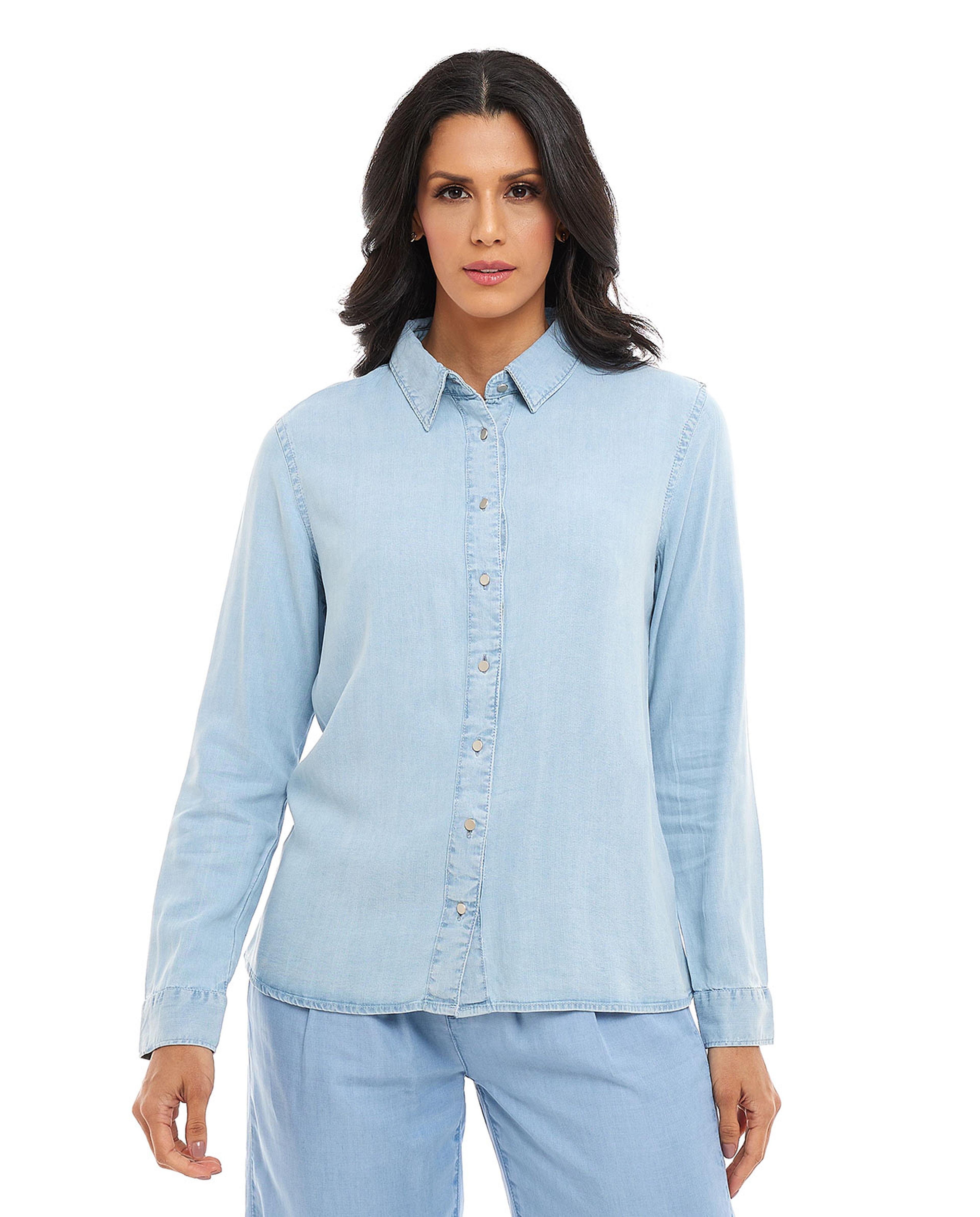 Denim Shirt with Classic Collar and Long Sleeves