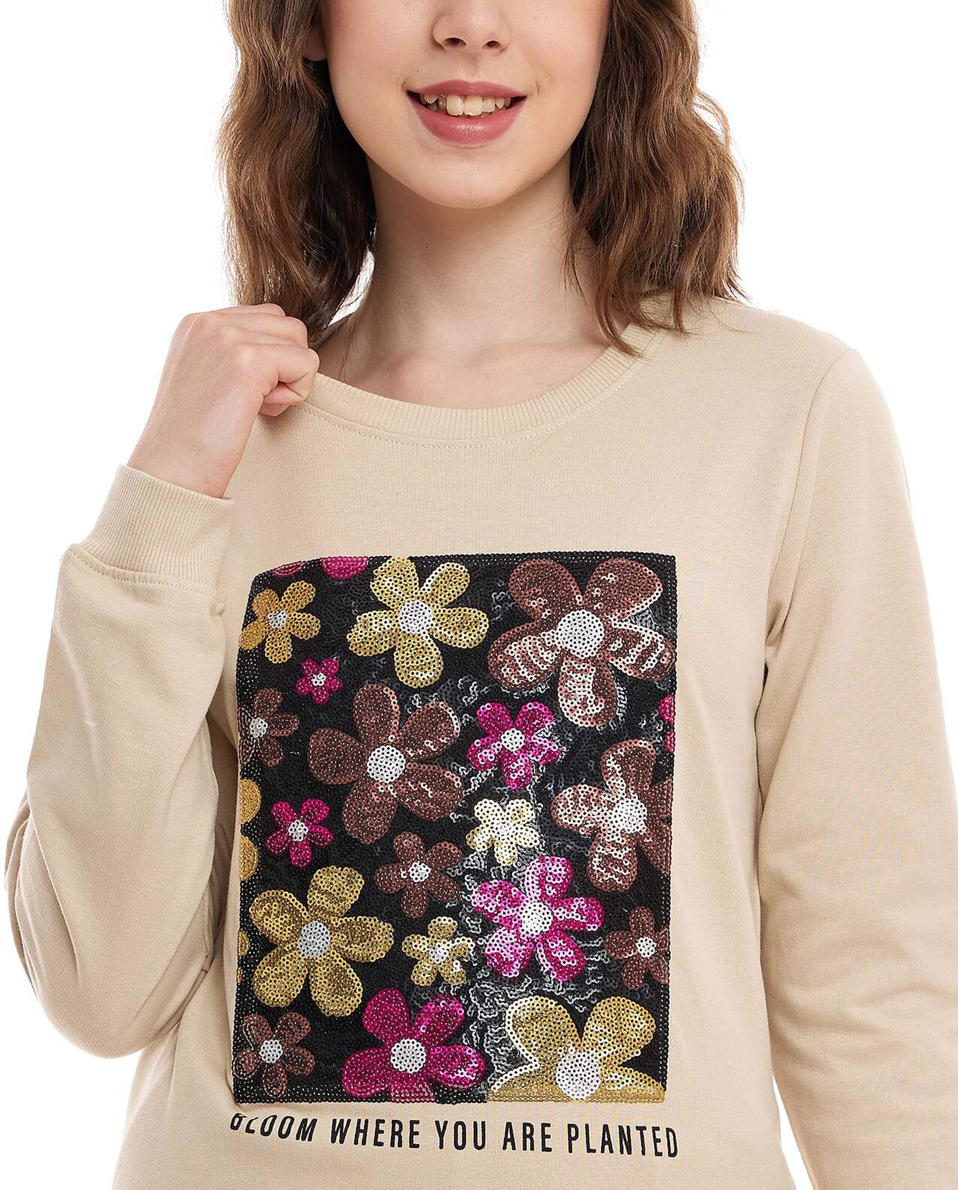 Sequins Detail Sweatshirt with Crew Neck and Long Sleeves