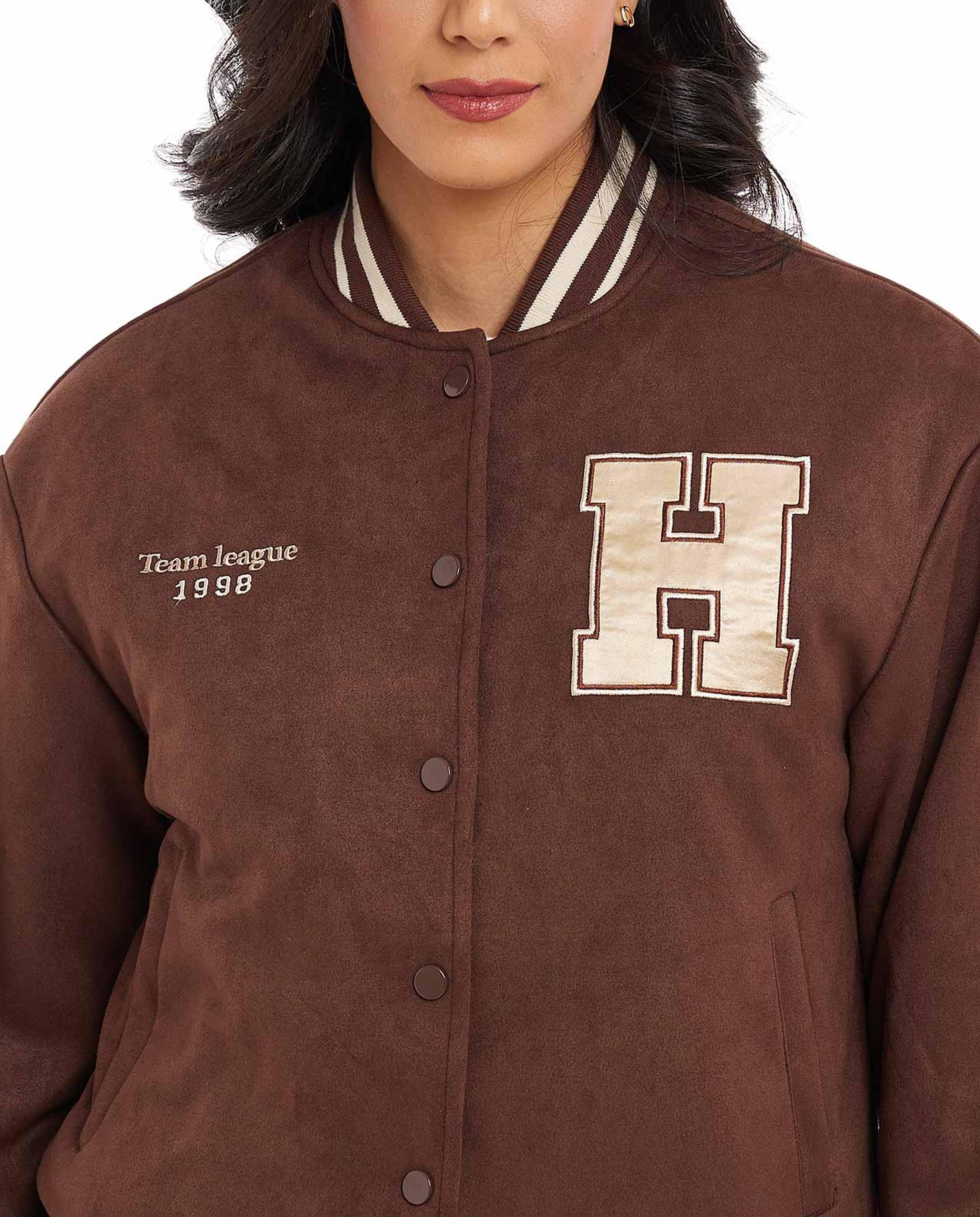 Letter Print Varsity Jacket with Snap Button Closure