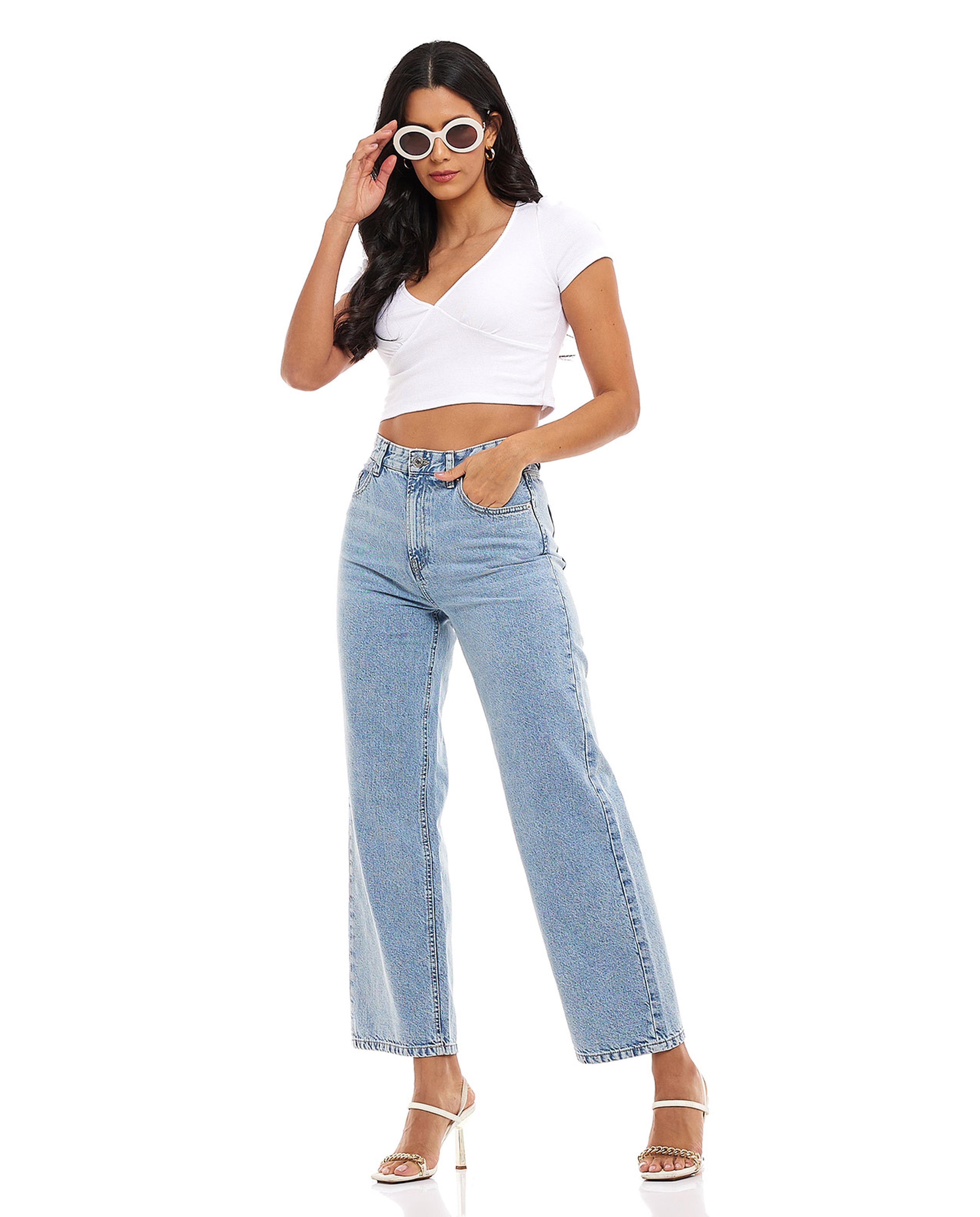 Washed Wide Leg Jeans with Button Closure