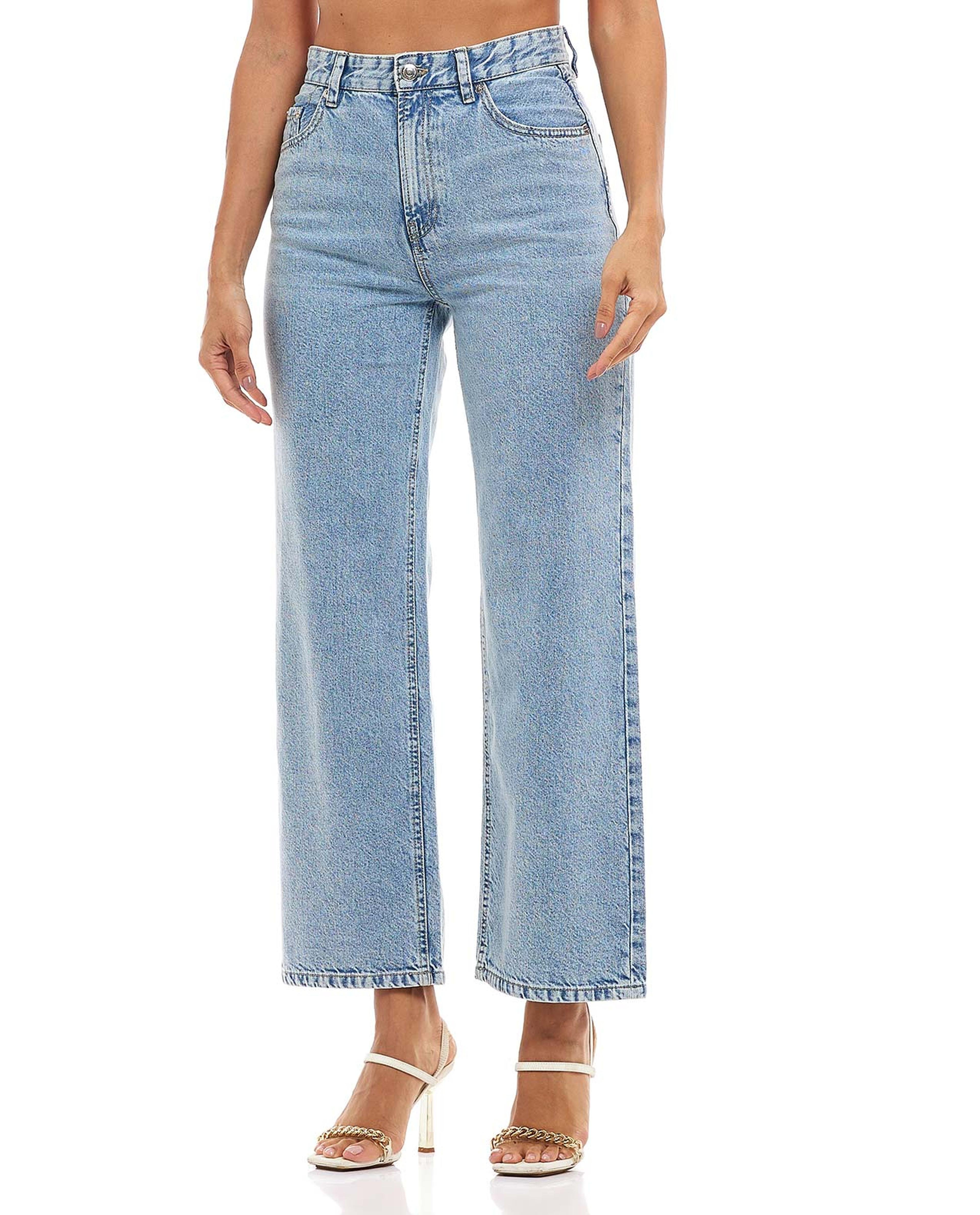 Washed Wide Leg Jeans with Button Closure