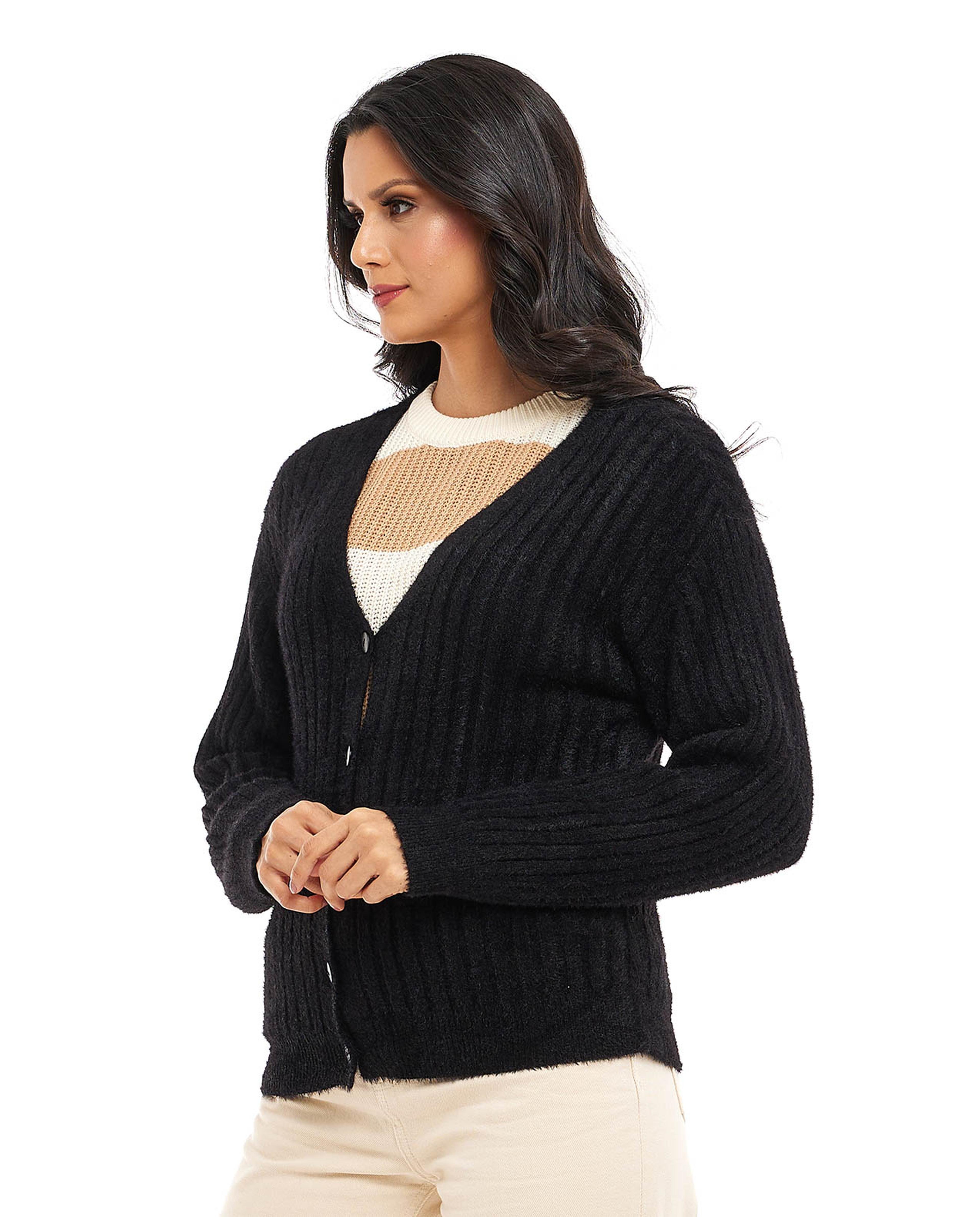 Knitted V-Neck Cardigan with Long Sleeves