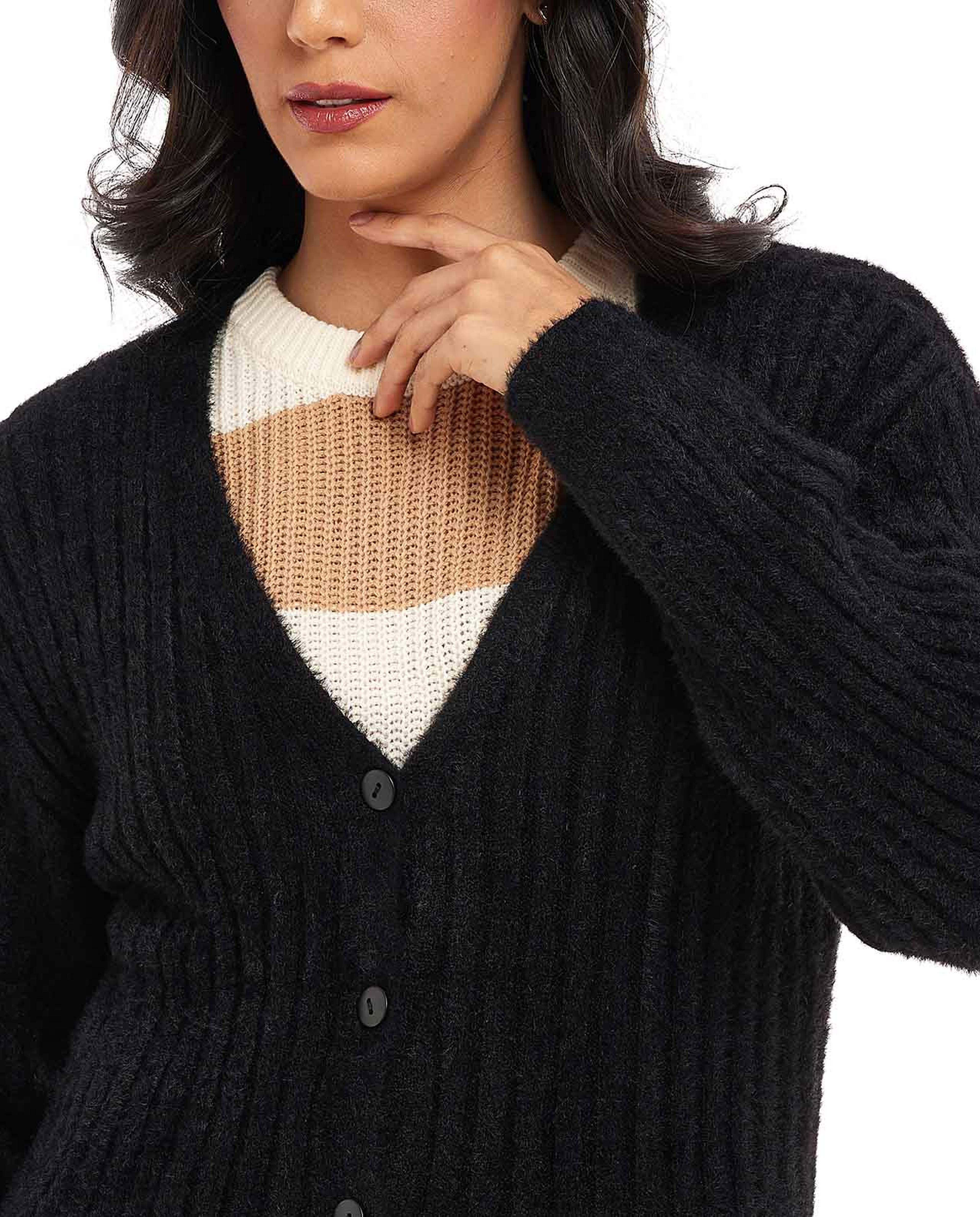 Knitted V-Neck Cardigan with Long Sleeves