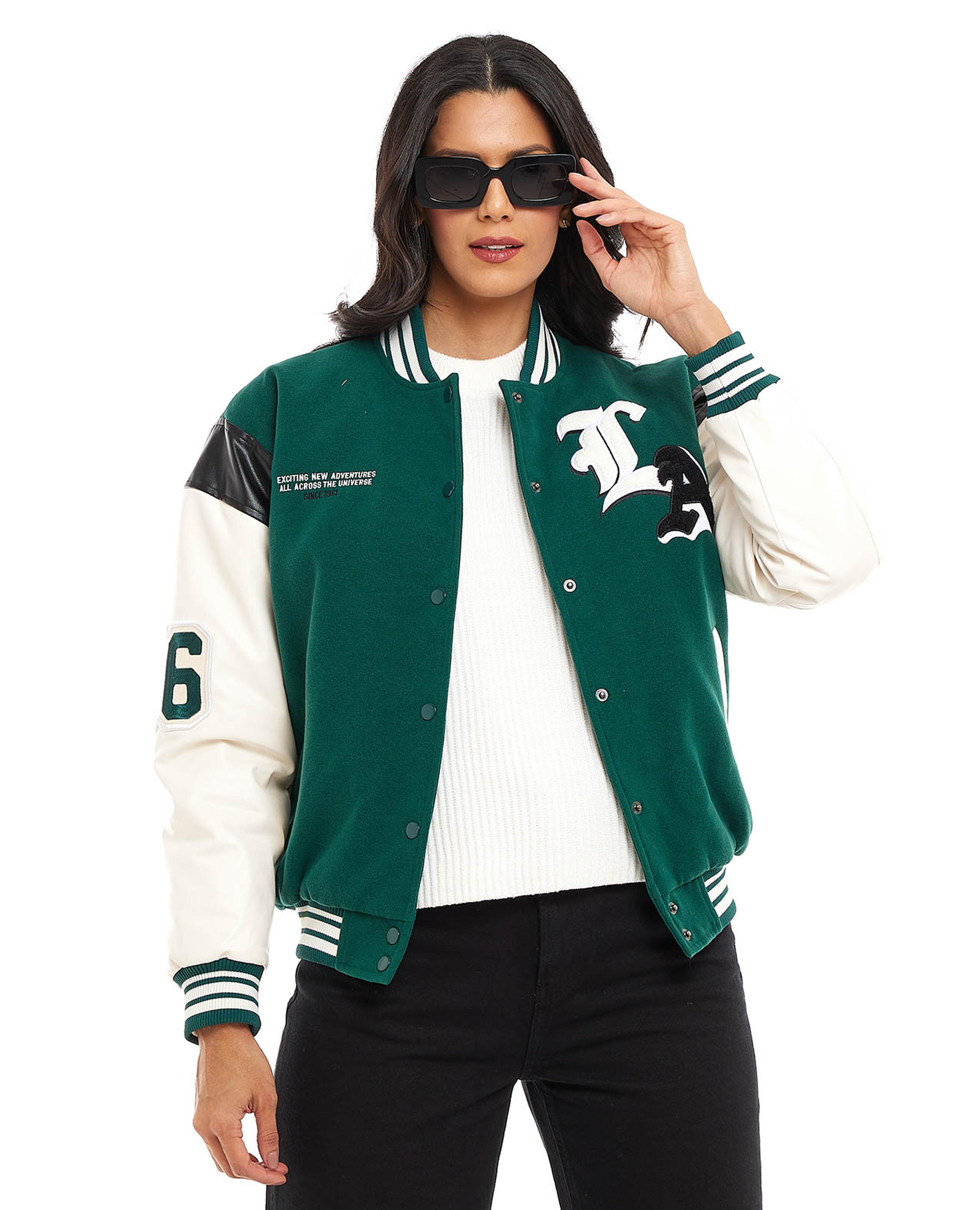 Applique Work Varsity Jacket with Snap Button Closure