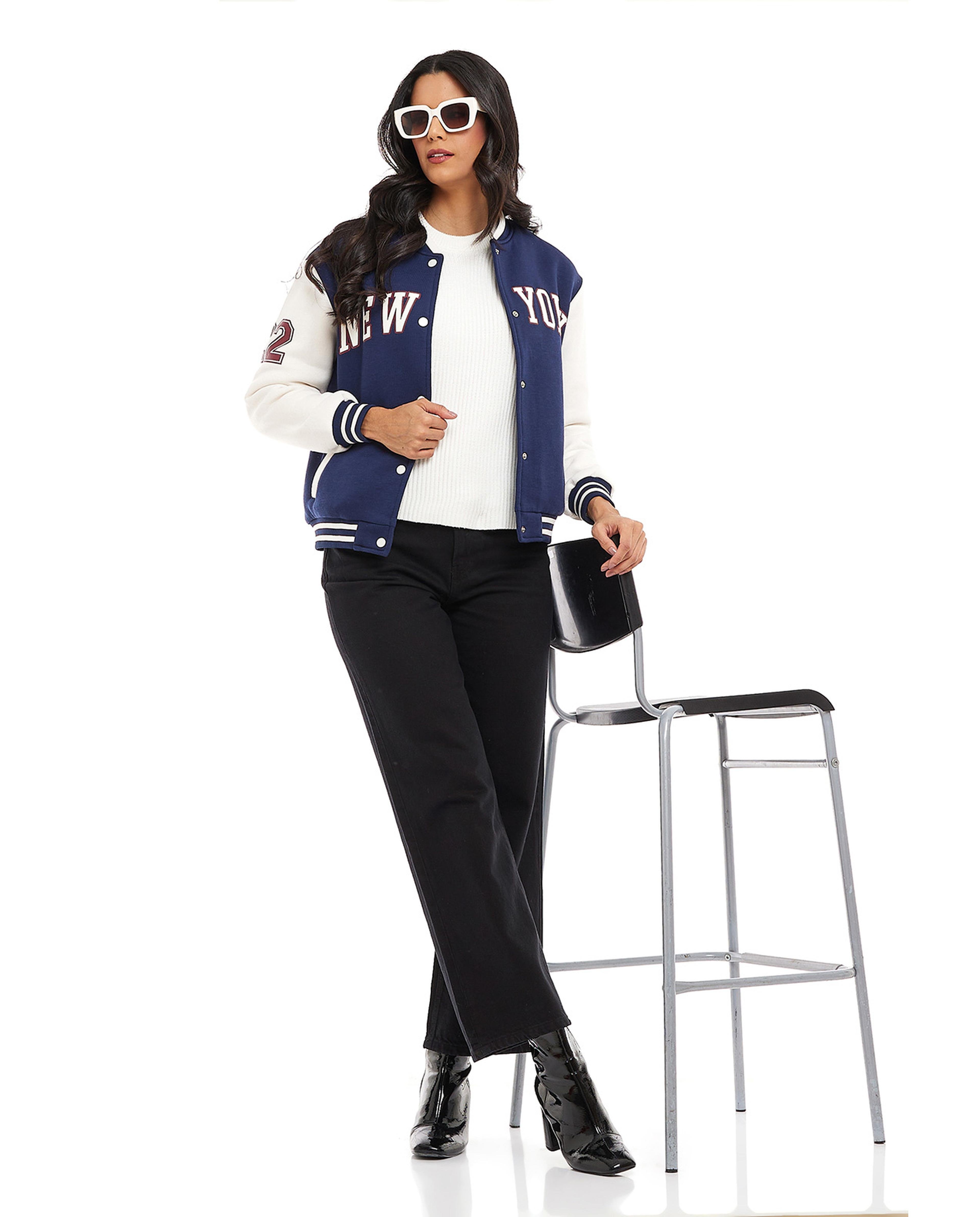 Applique Work Varsity Jacket with Snap Button Closure