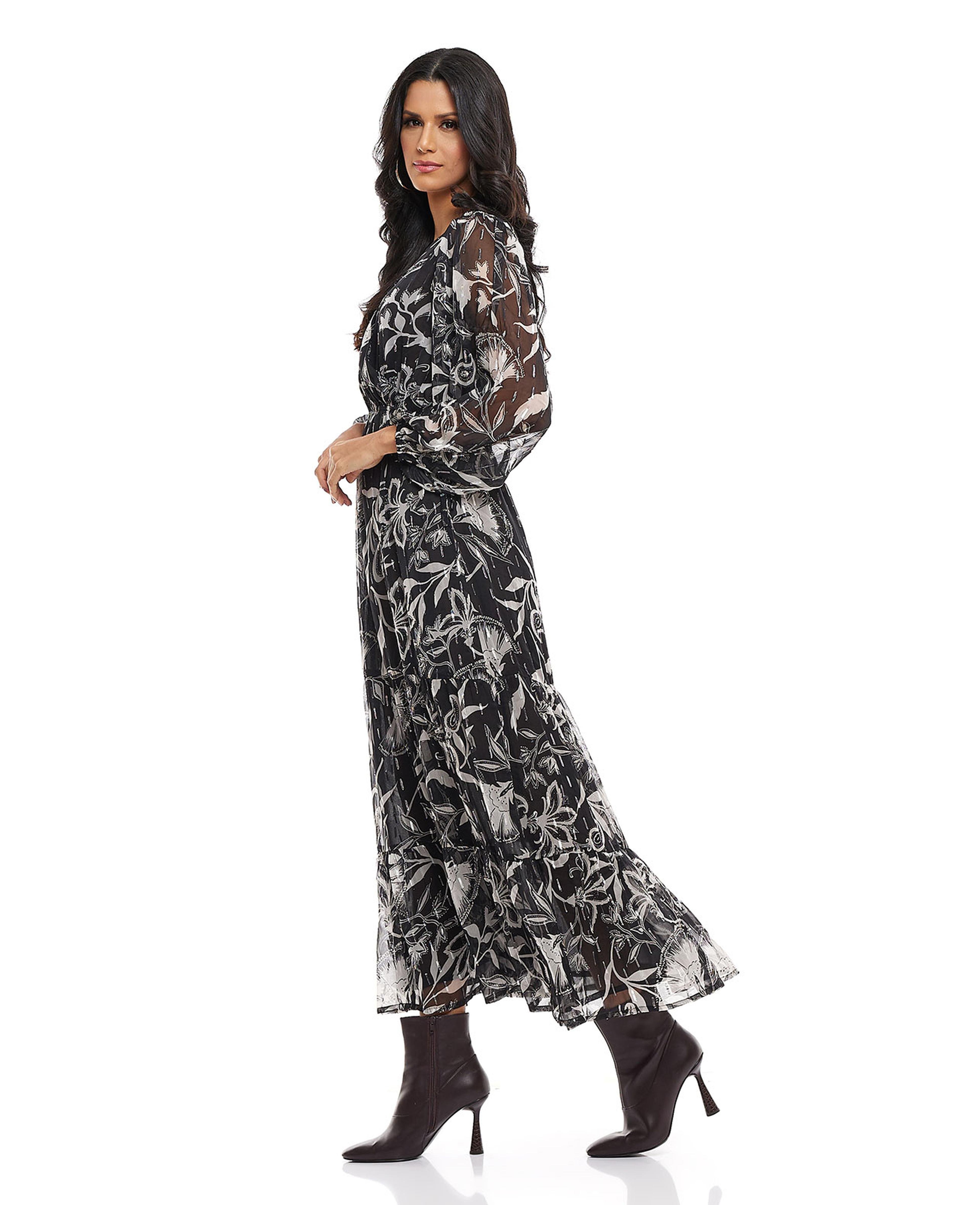 Patterned Tiered Dress with V-Neck and Balloon Sleeves