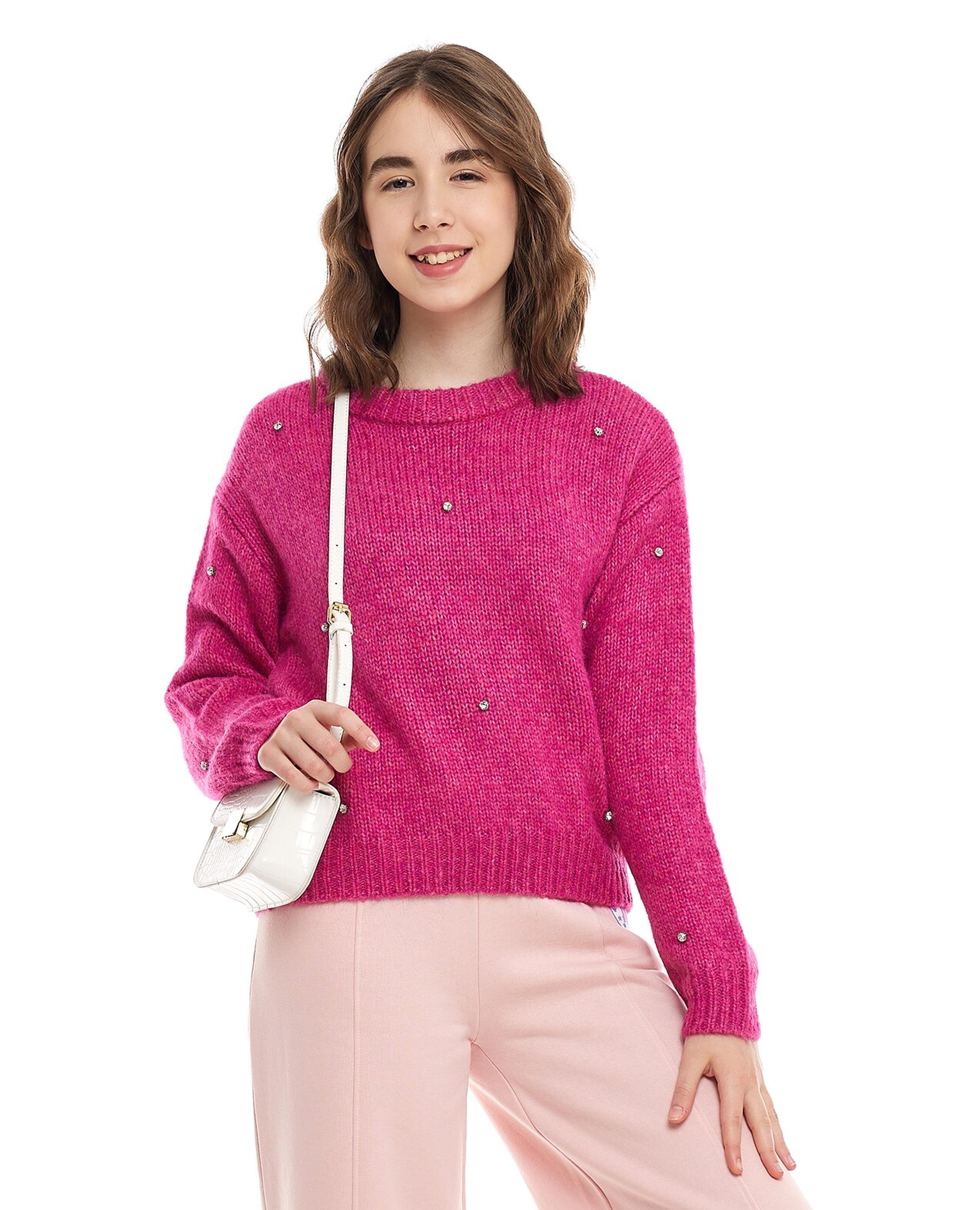 Stone Studded Sweater with Crew Neck and Long Sleeves