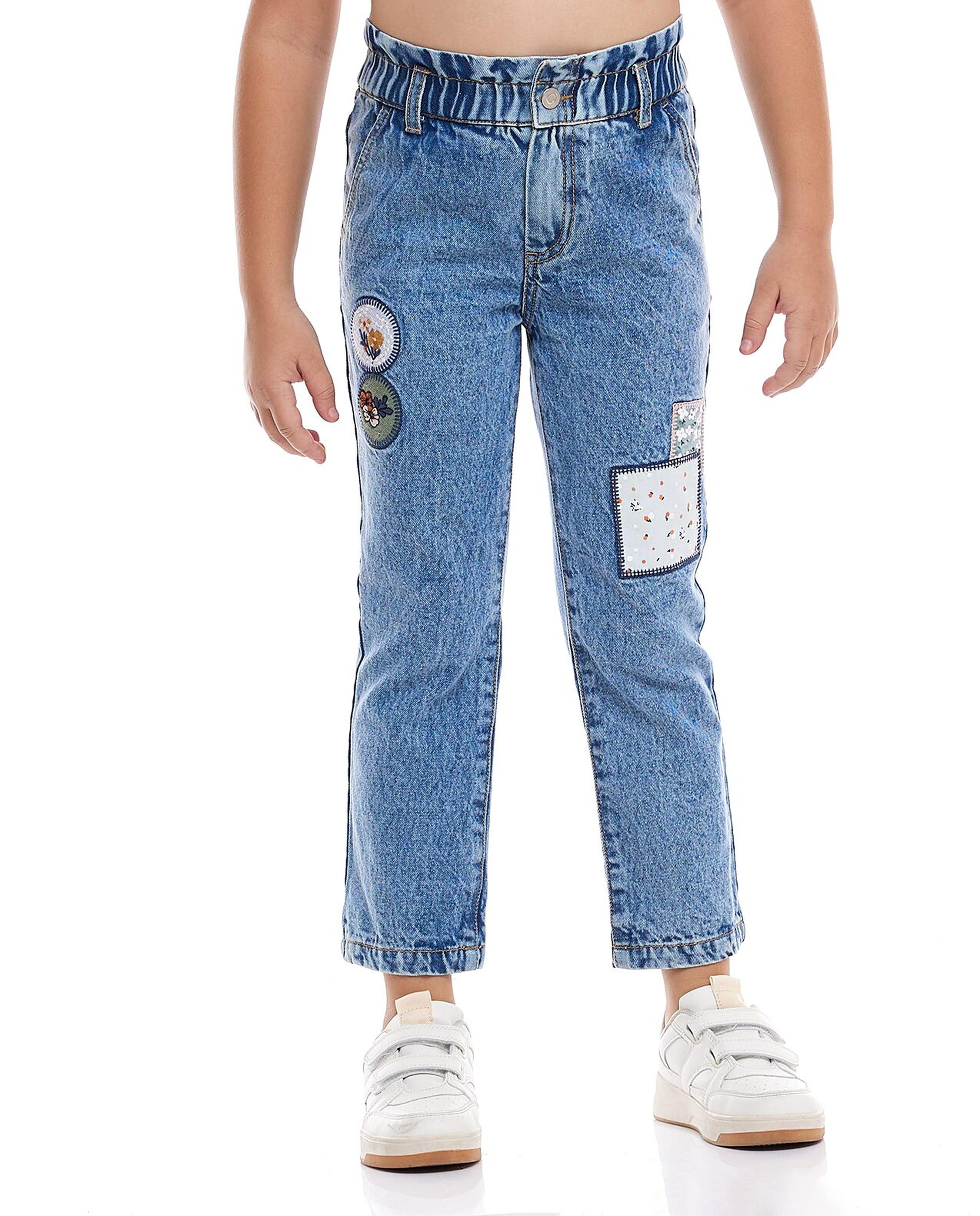 Applique Work Jeans with Button Closure