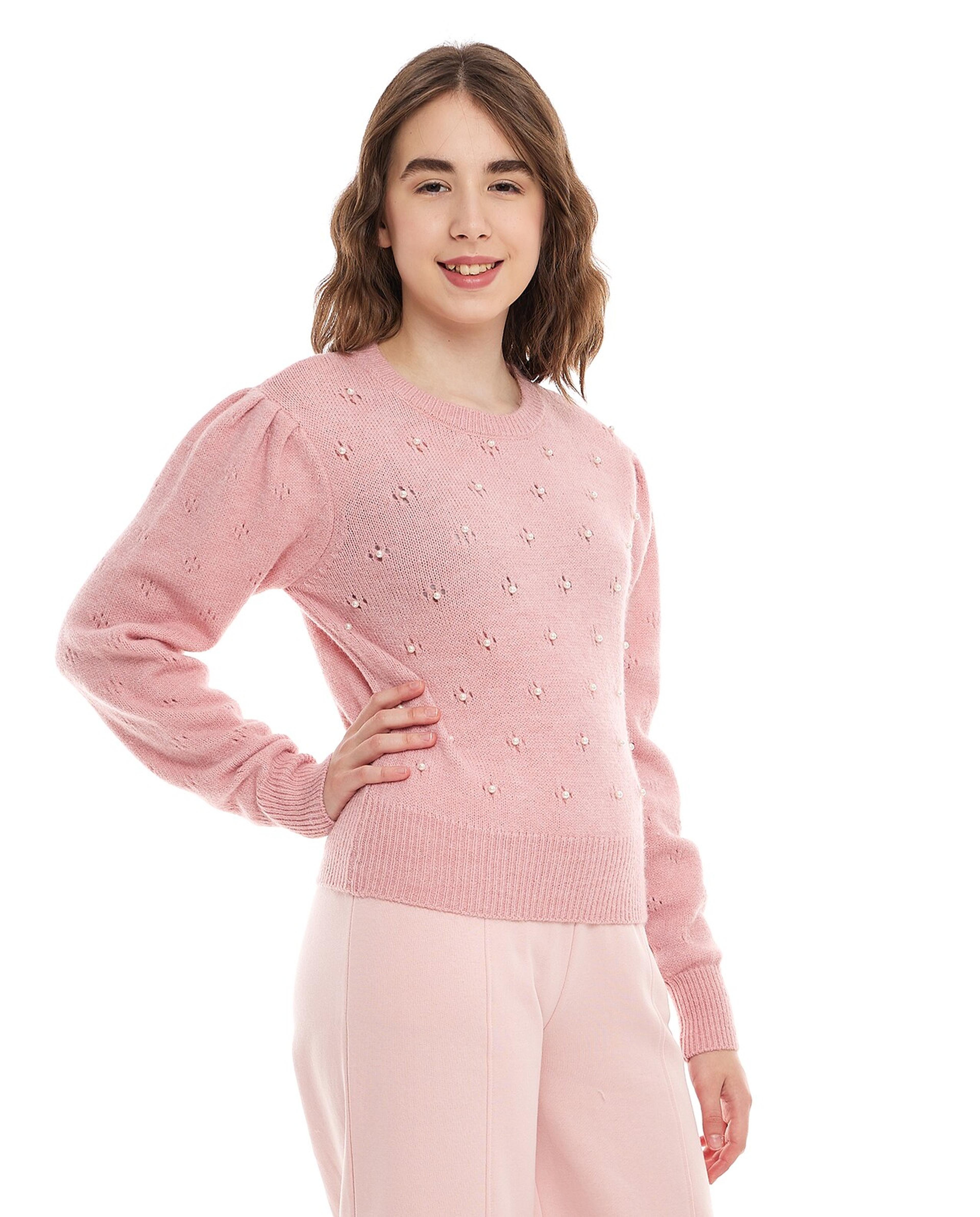Openwork Sweater with Crew Neck and Puff Sleeves