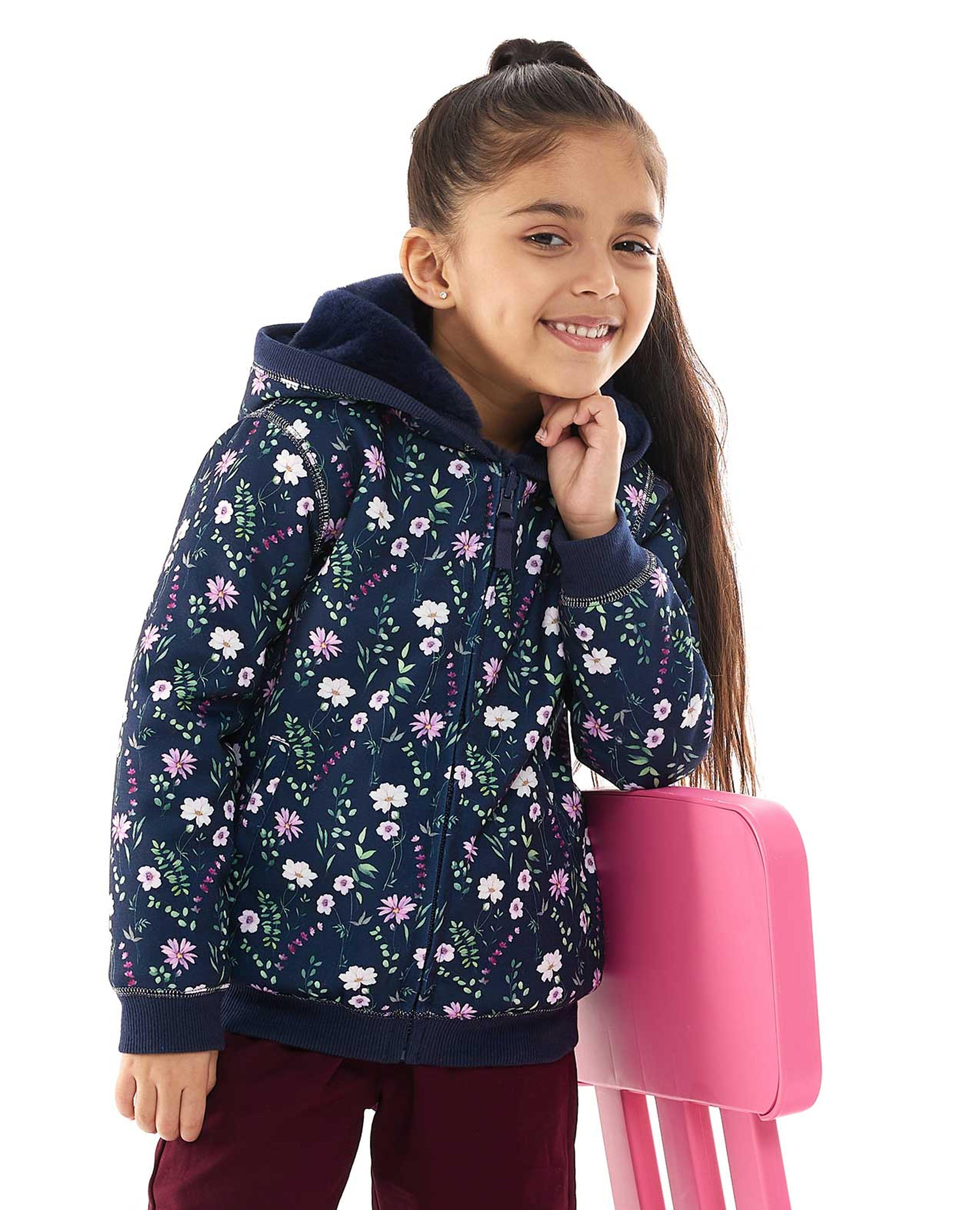 Floral Print Hooded Jacket with Zipper Closure