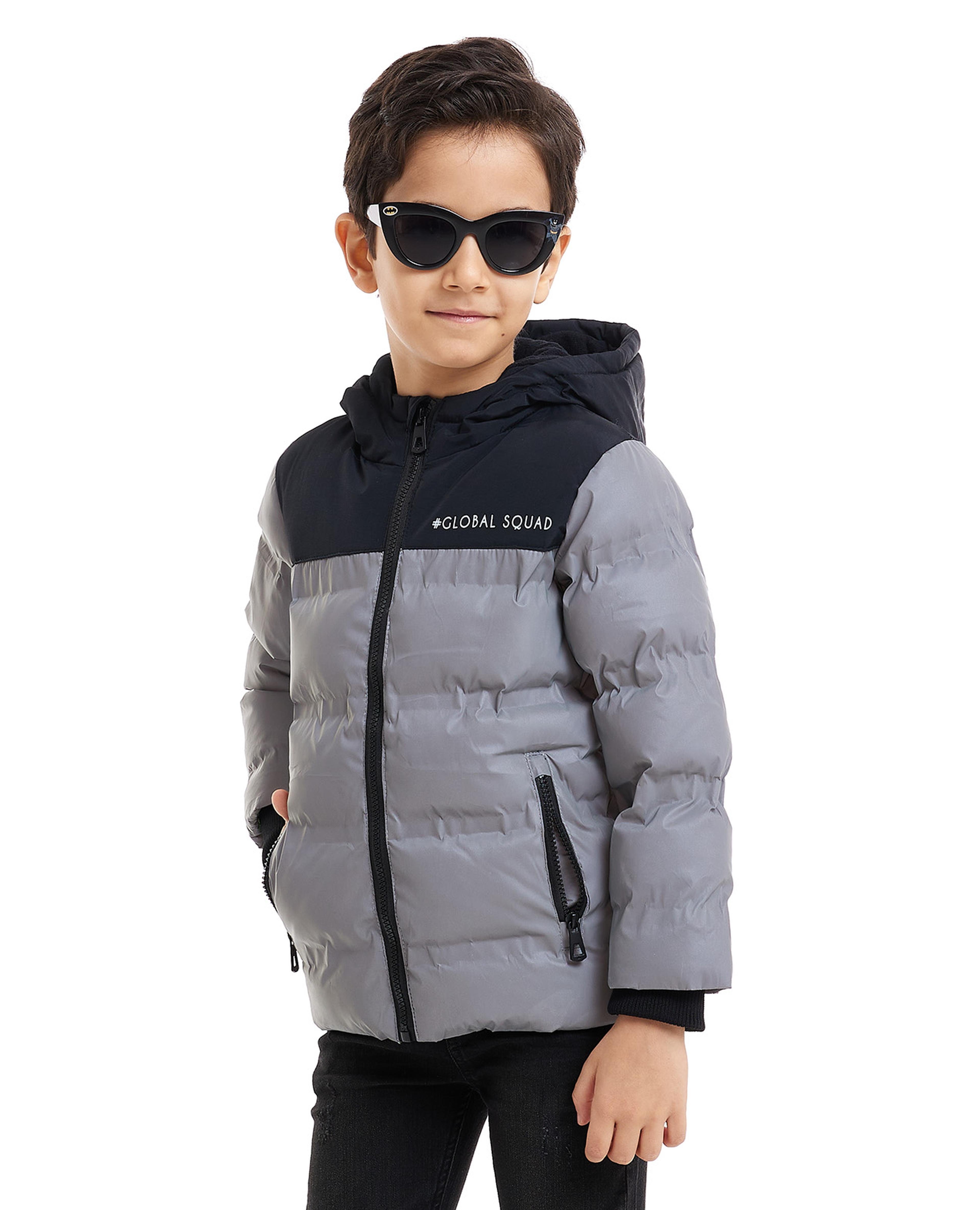 Color Block Hooded Puffer Jacket with Zipper Closure