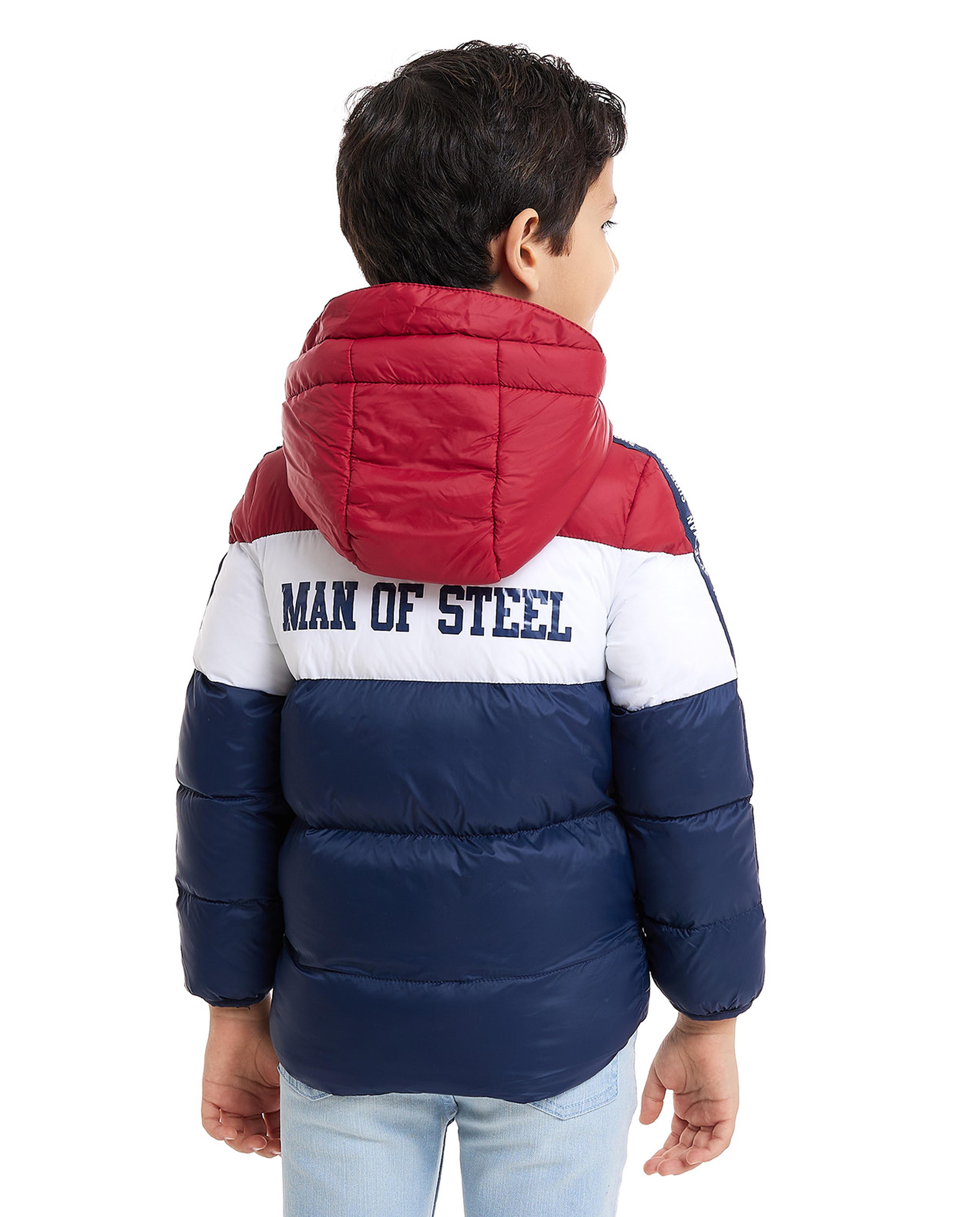 Color Block Hooded Puffer Jacket with Zipper Closure