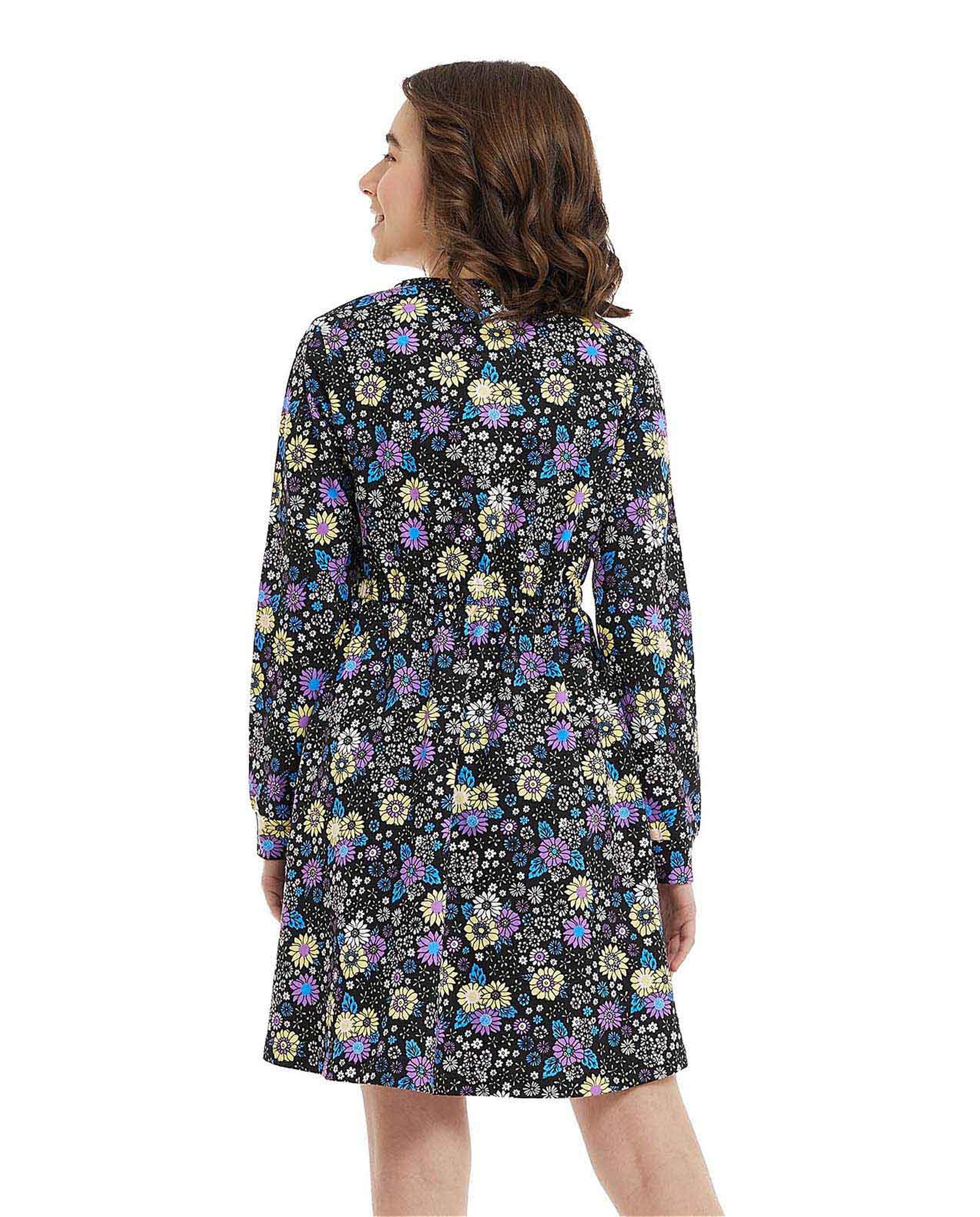 Floral Print Dress with Crew Neck and Long Sleeves