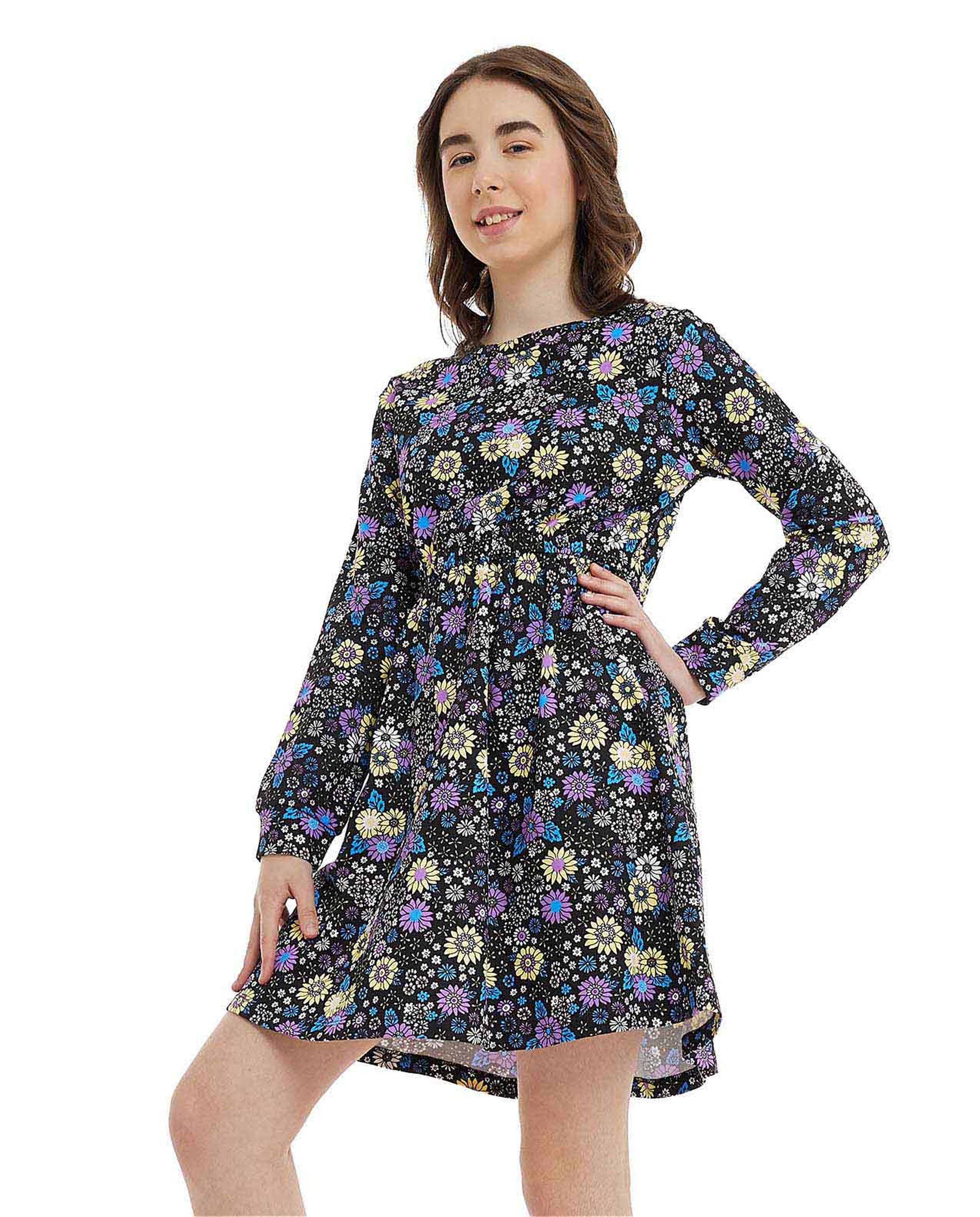 Floral Print Dress with Crew Neck and Long Sleeves