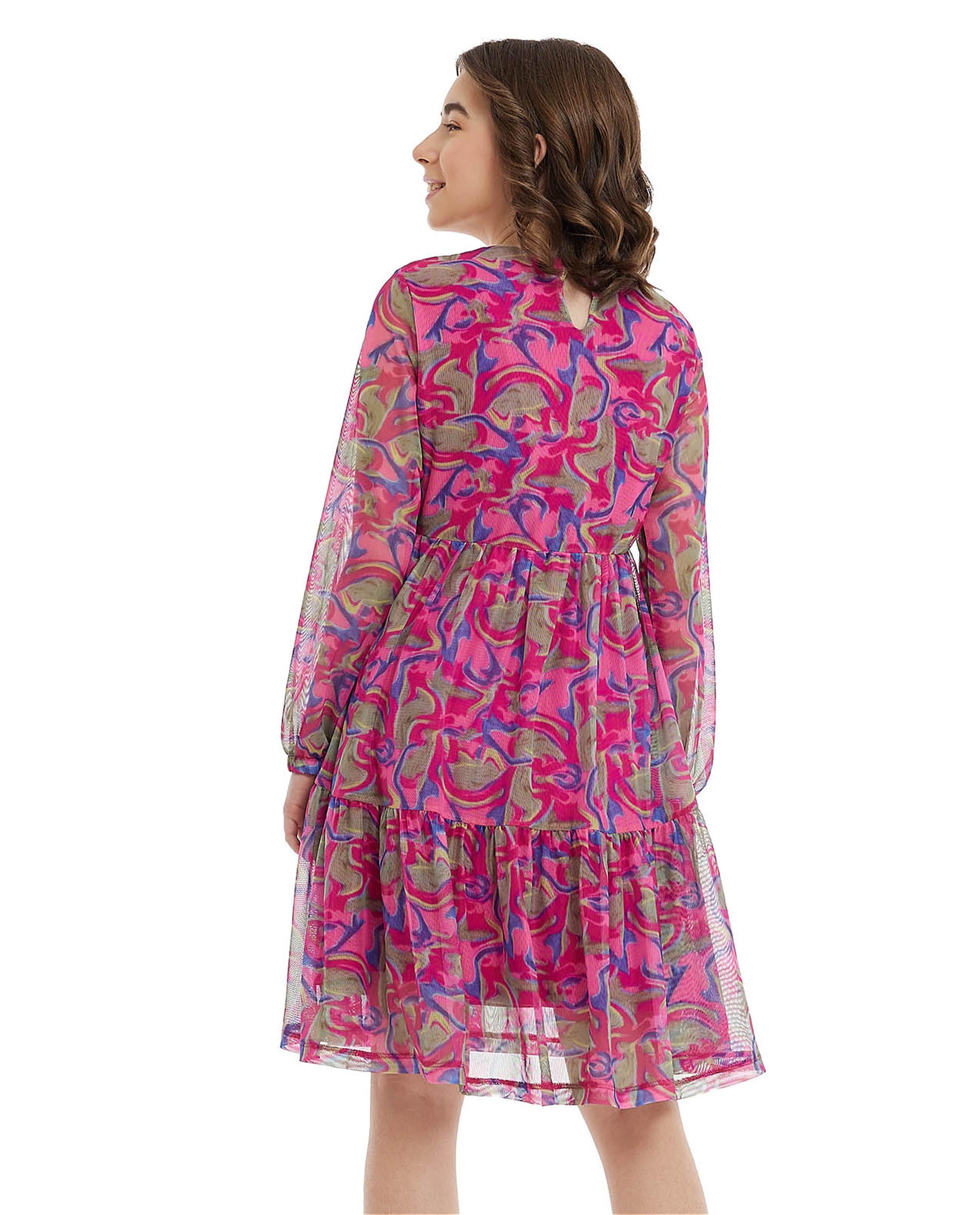 Abstract Print Dress with Crew Neck and Long Sleeves
