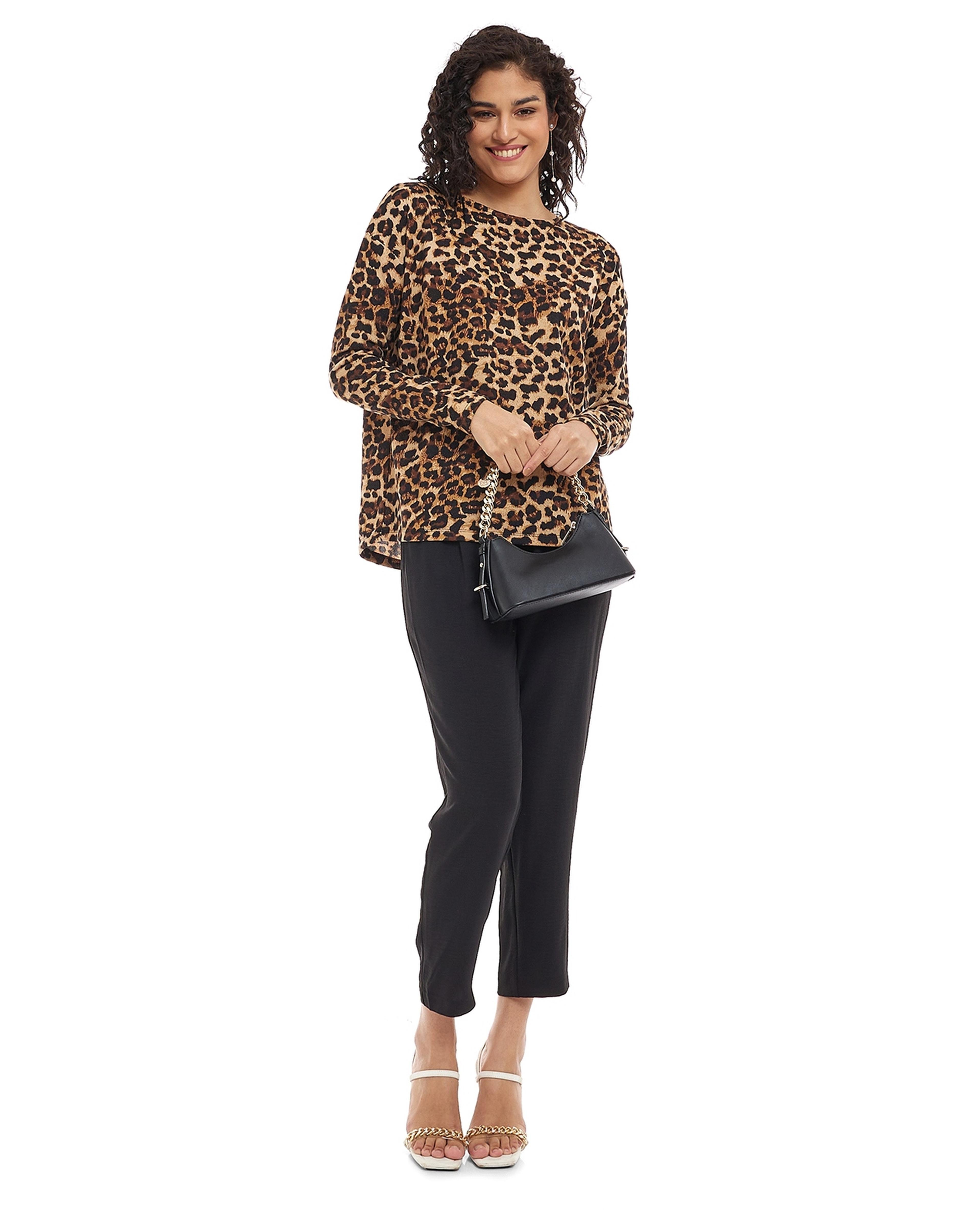 Animal Patterned Top with Boat Neck and Long Sleeves