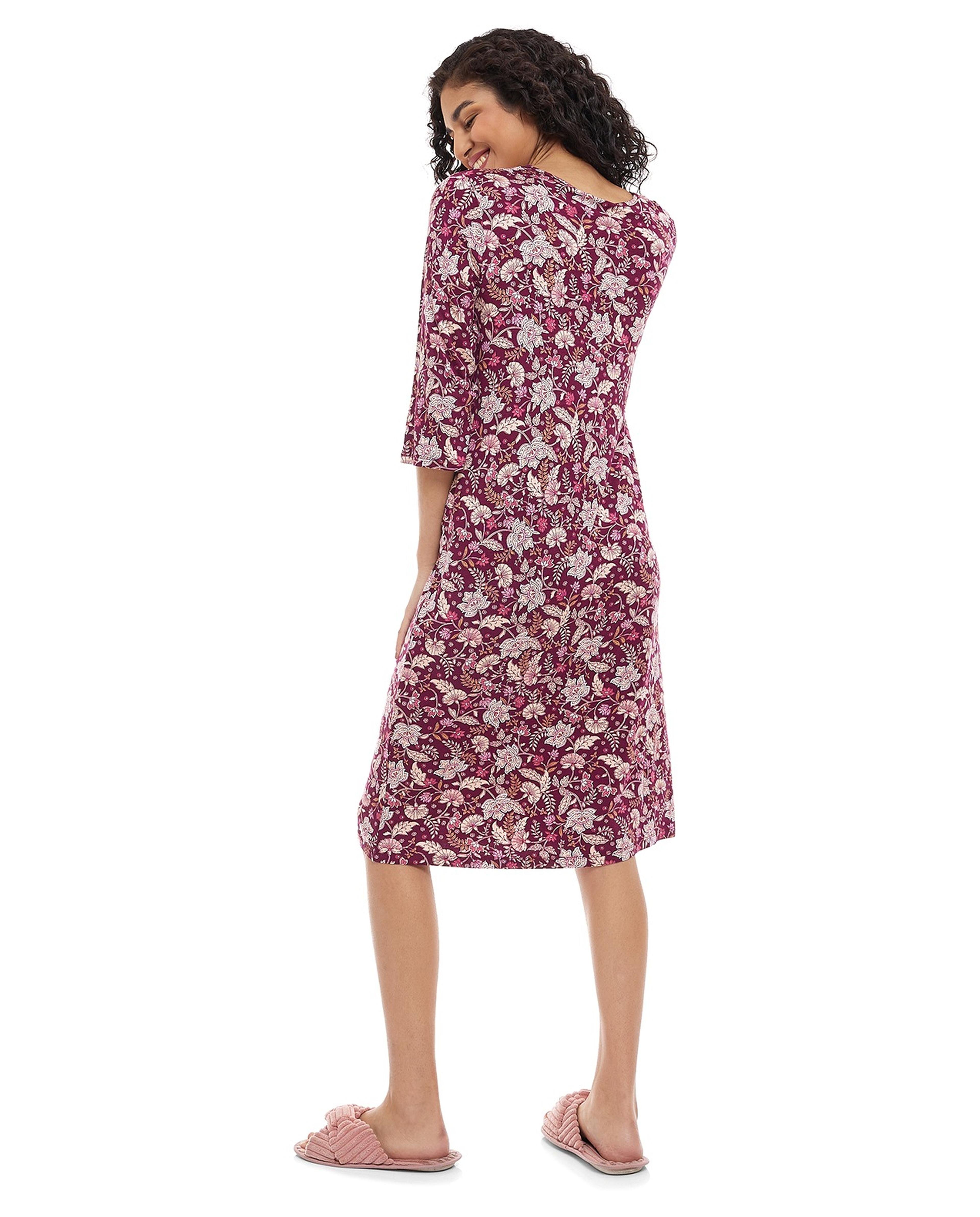 Floral Print Nightdress with 3/4 Sleeves
