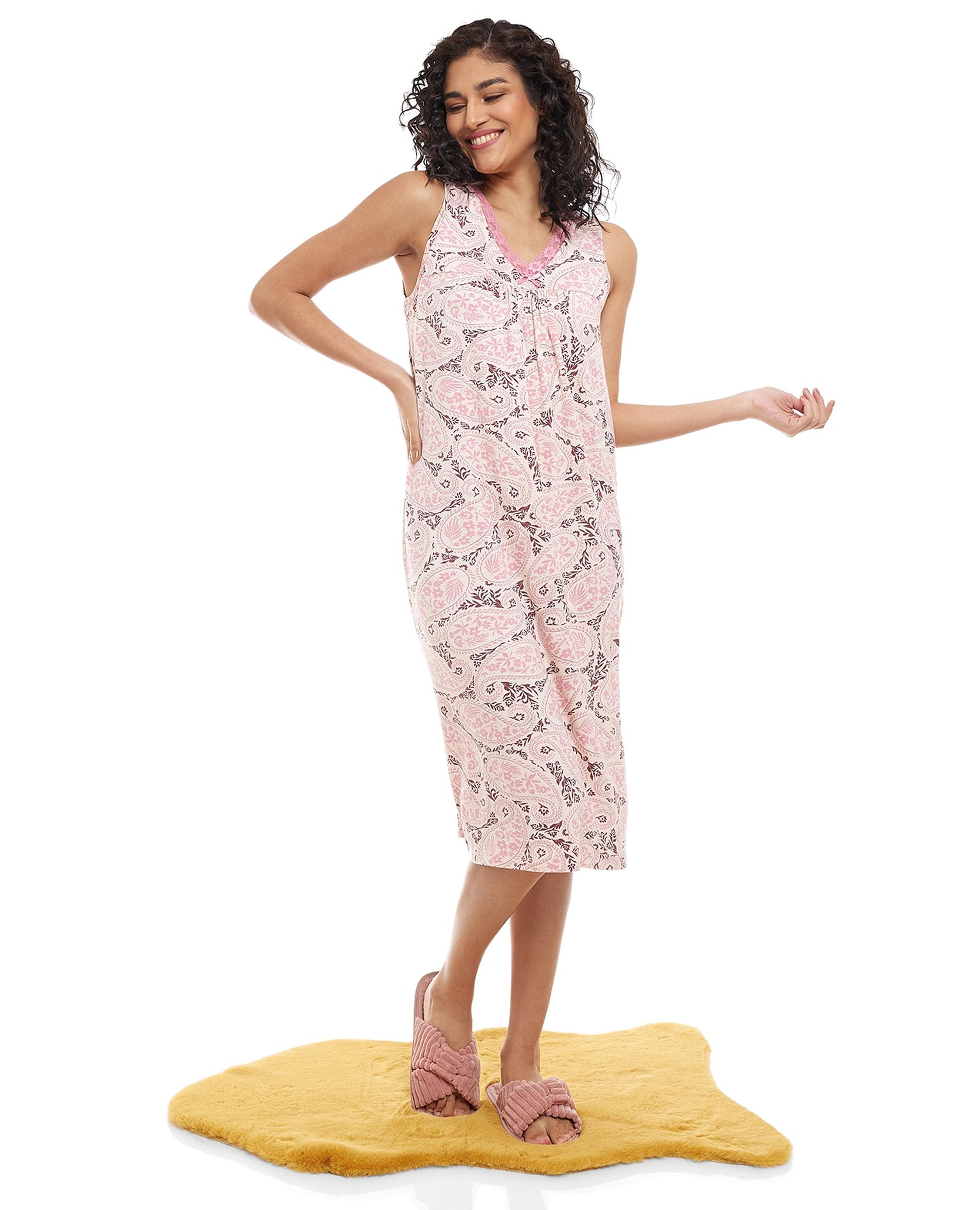 Printed Nightgown with V-Neck